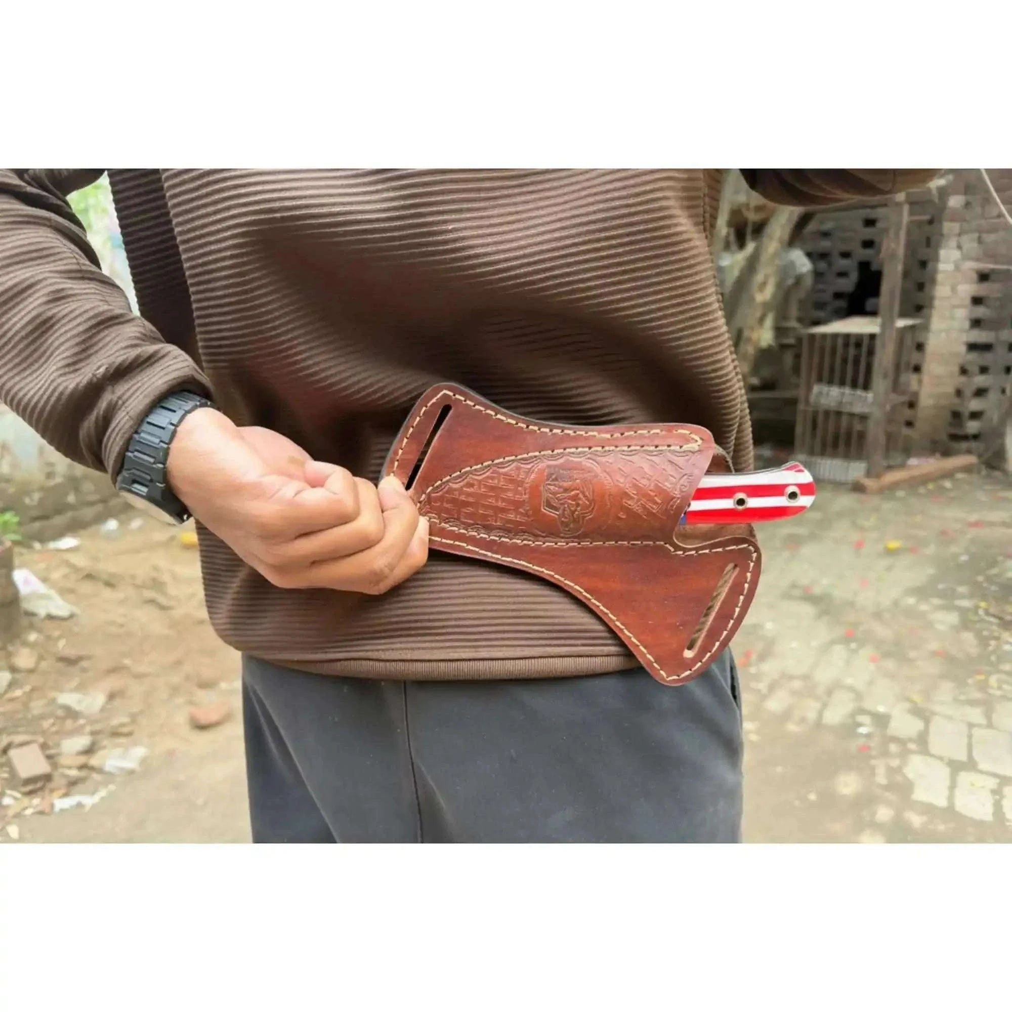 Palmarius Outdoors Custom Fixed Blade Knife – Drop Point Outdoor EDC with USA Flag Handle and Leather Sheath Hunting Knife