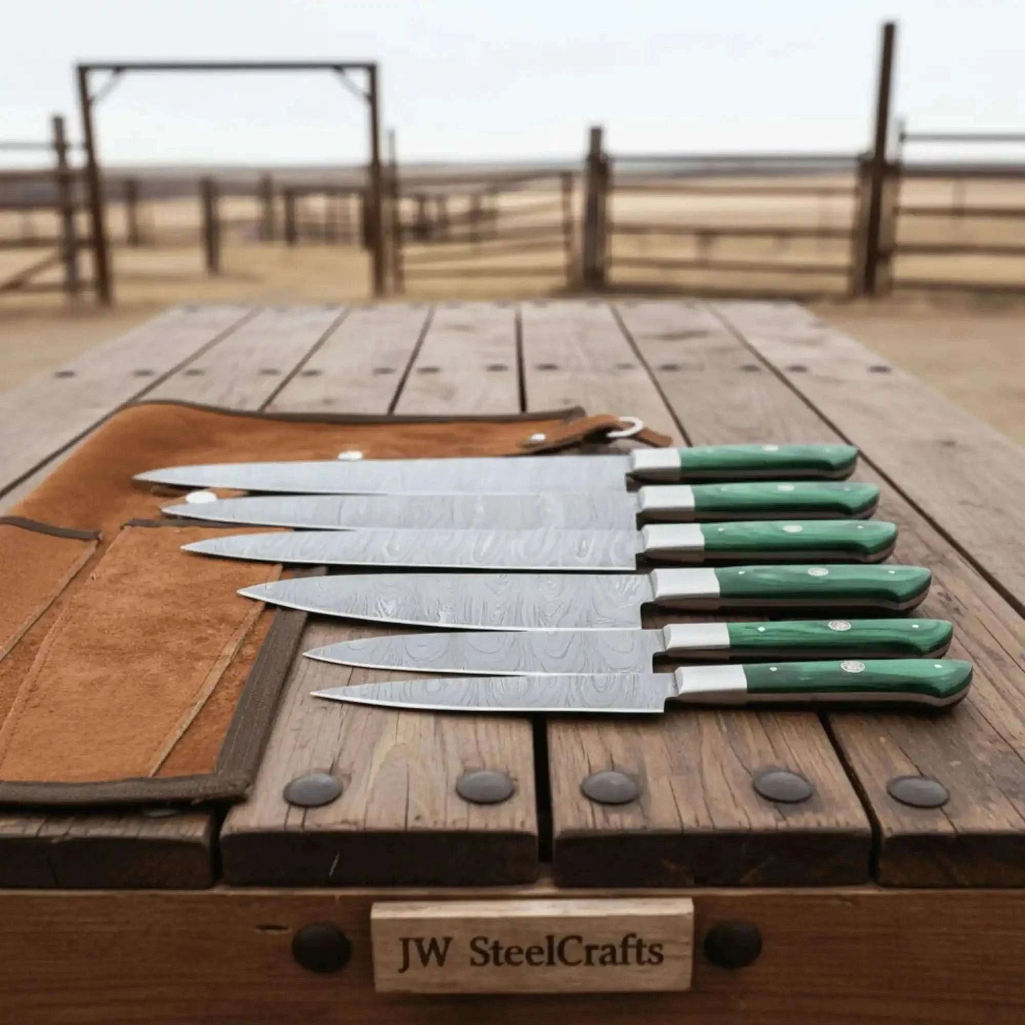 Palmarius Outdoors 6-piece handmade Damascus chef knife set with green pakkawood handles Handmade Chef Knife Sets