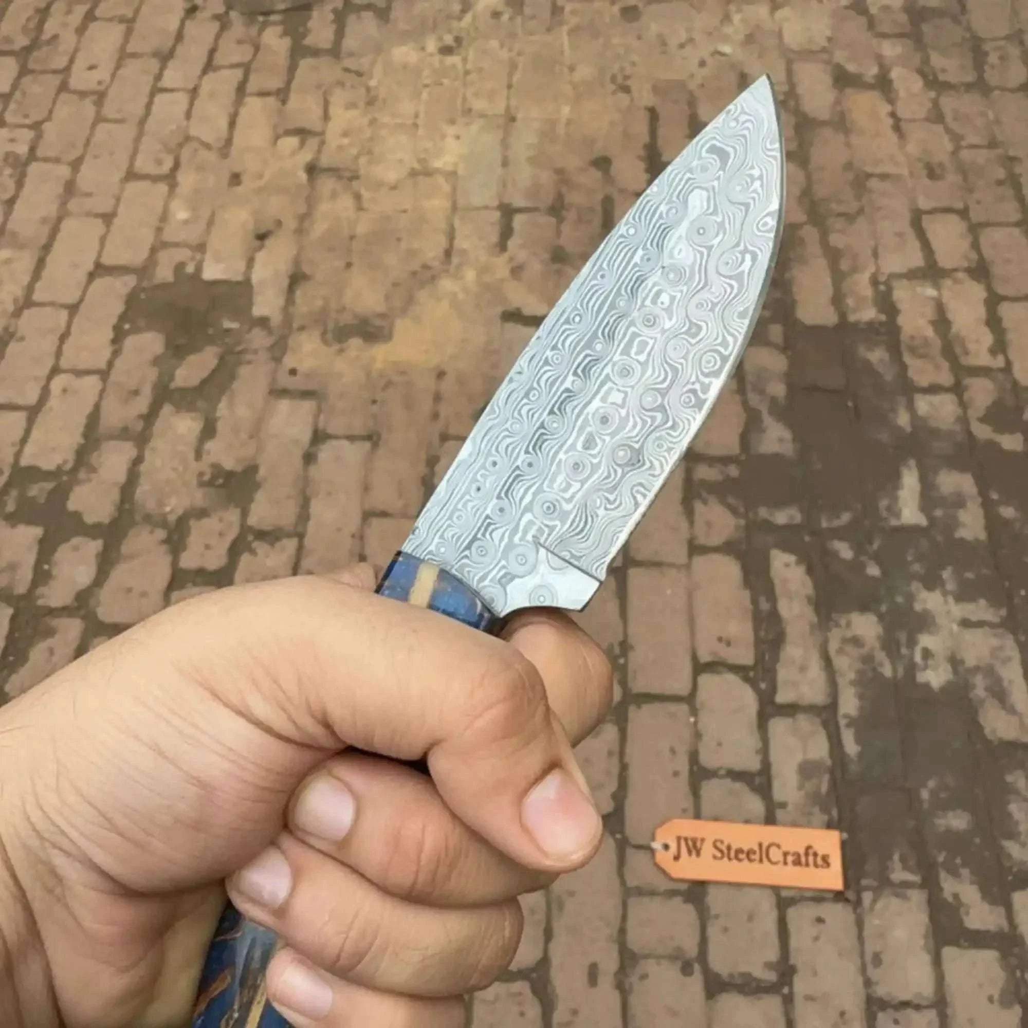 Palmarius Outdoors Drop Point Damascus Knife 7” EDC – Persian Utility Style, Blue Pinecone Resin Handle Handmade