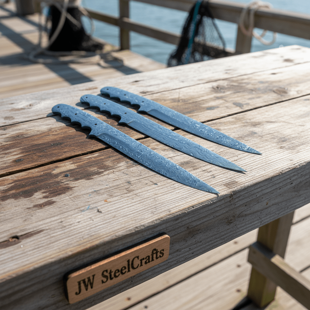 Palmarius Outdoors Custom Handmade Damascus Steel Fillet Knife Blank Blades Set of 3 – Full Tang Twist Pattern Flexible Fillet Knife Blanks for Custom Handle Making JW SteelCrafts Knife blank Blades