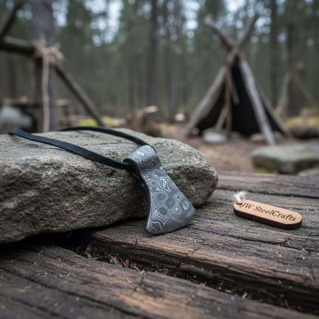 Palmarius Outdoors Damascus Viking Axe Pendant with Raindrop Pattern Steel Vikings Pendants