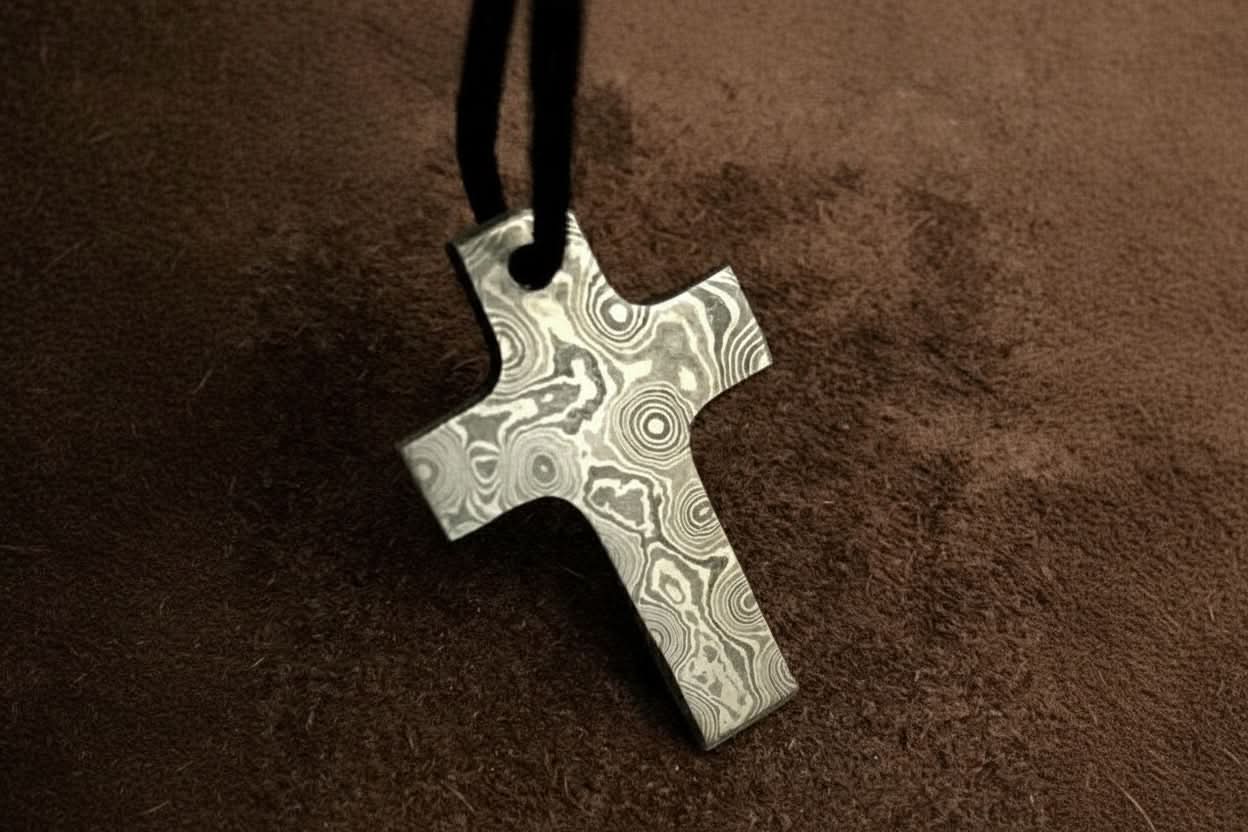 Palmarius Outdoors Damascus Latin Cross Pendant in Raindrop Pattern Steel Cross Pendants