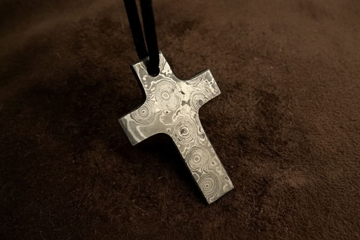 Palmarius Outdoors Damascus Latin Cross Pendant in Raindrop Pattern Steel Cross Pendants