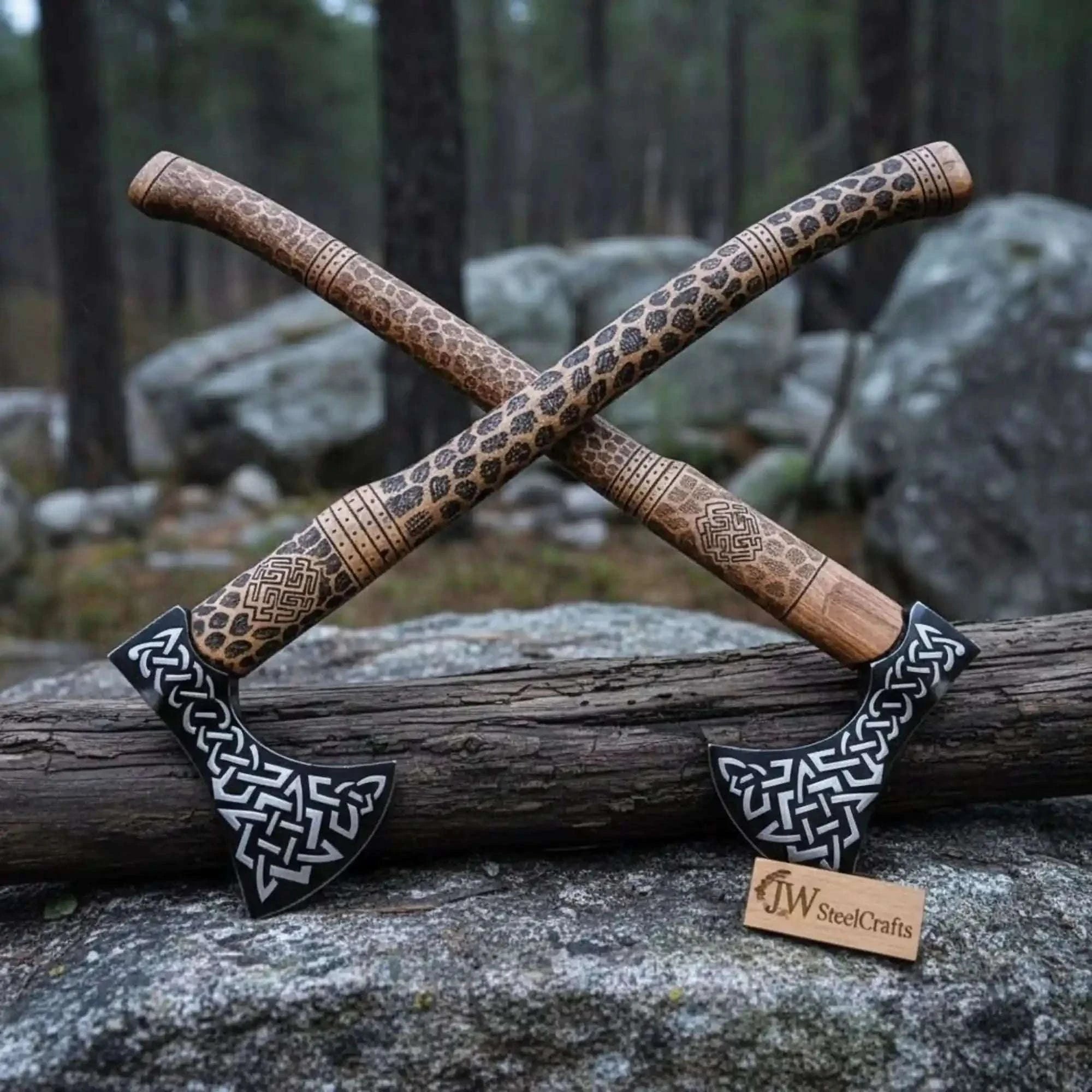 Palmarius Outdoors Engraved Viking Throwing Axe Set, Pair of Norse Knotwork Hatchets with Carved Hardwood Handles | JW SteelCrafts Handmade Axe