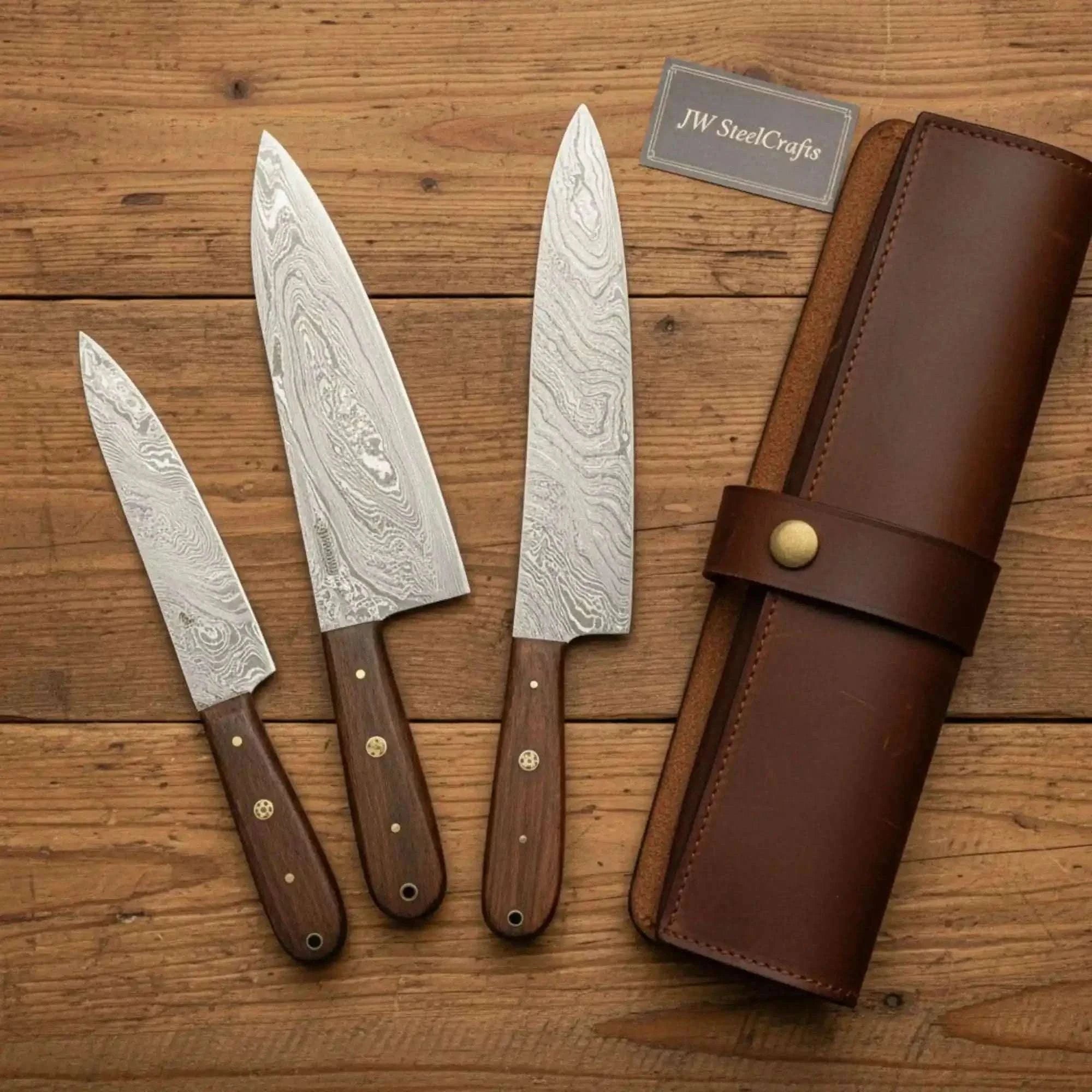 Palmarius Outdoors 3-Piece Damascus Kitchen Knife Set — Bread, Chef & Paring Knives with Rosewood Handles Handmade Chef Knife Sets