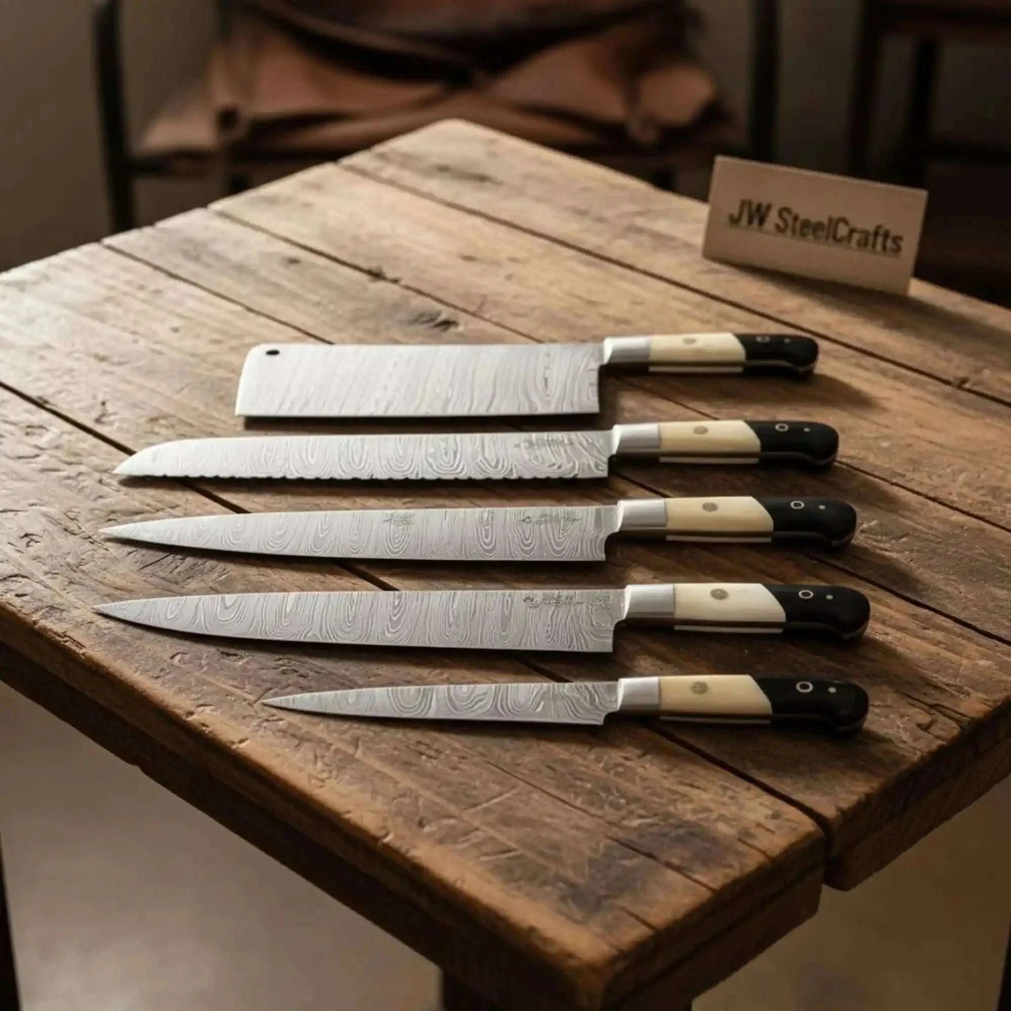 Palmarius Outdoors Damascus Boning and Bread Knife Set with Bone and Wood Handles Handmade Chef Knife Sets