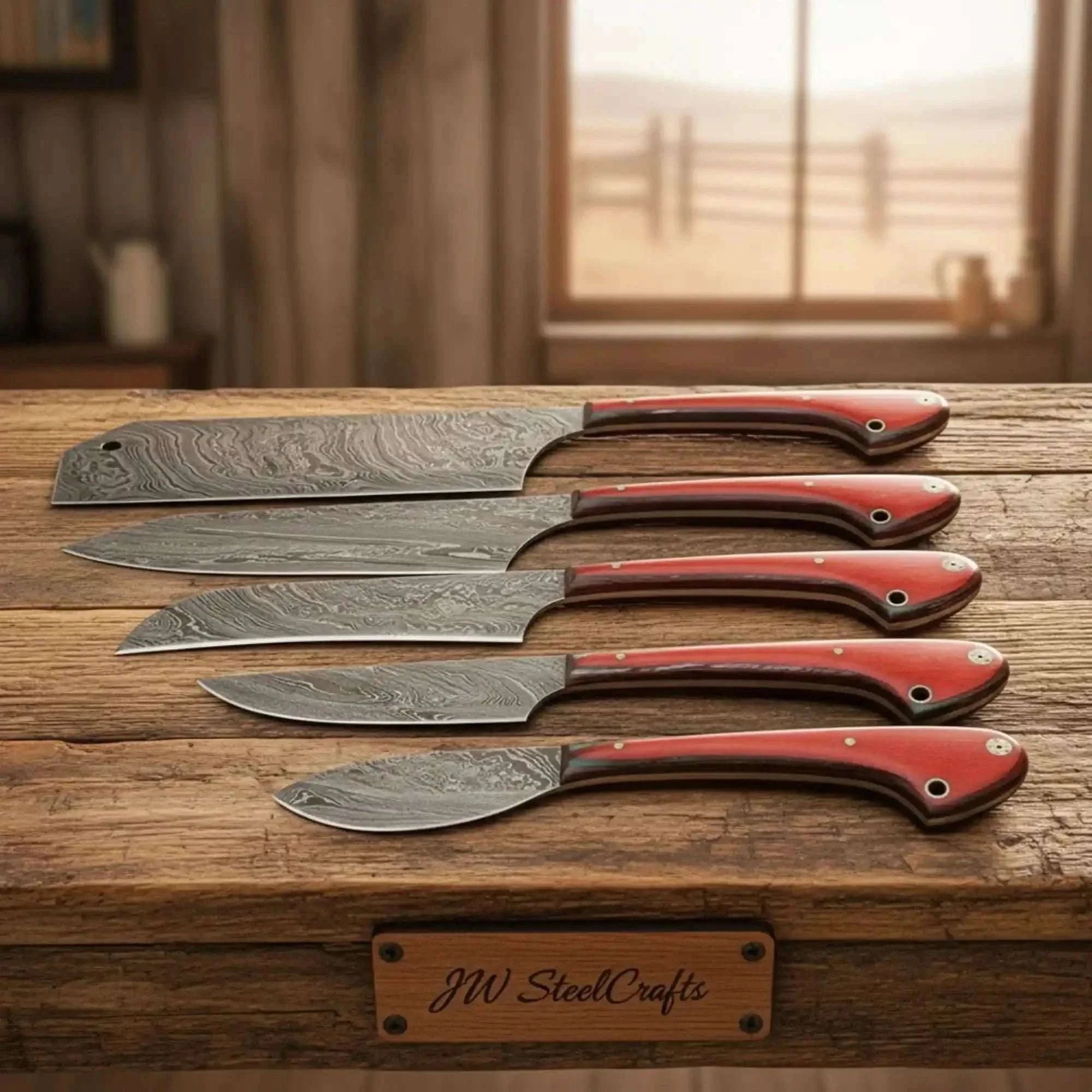 Palmarius Outdoors 5-Piece Damascus Bunka Gyuto Santoku Knife Set with Red Pakka Wood Handles Handmade Chef Knife Sets