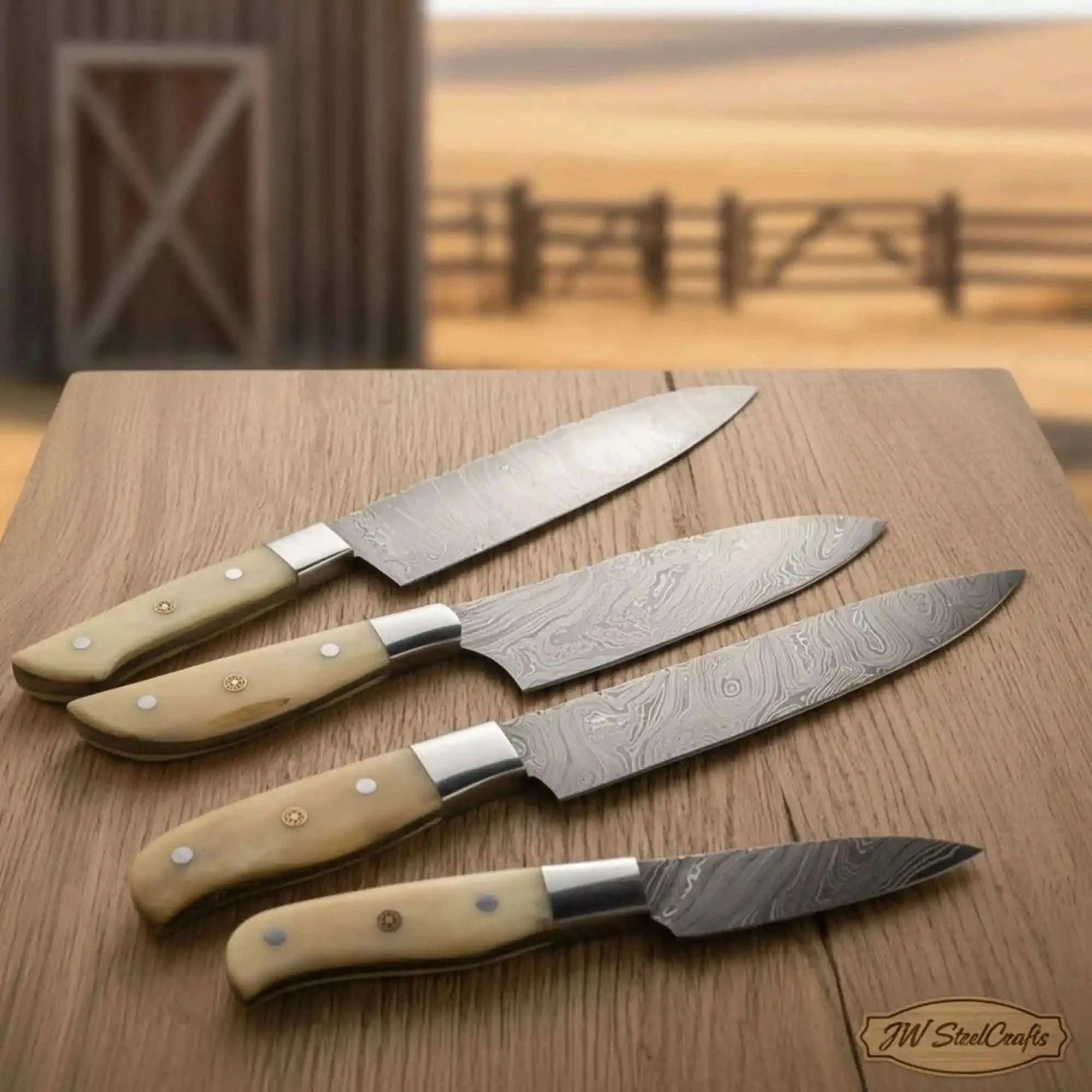Palmarius Outdoors 4-Piece Damascus Bunka Knife Set with Camel Bone Handles Handmade Chef Knife Sets