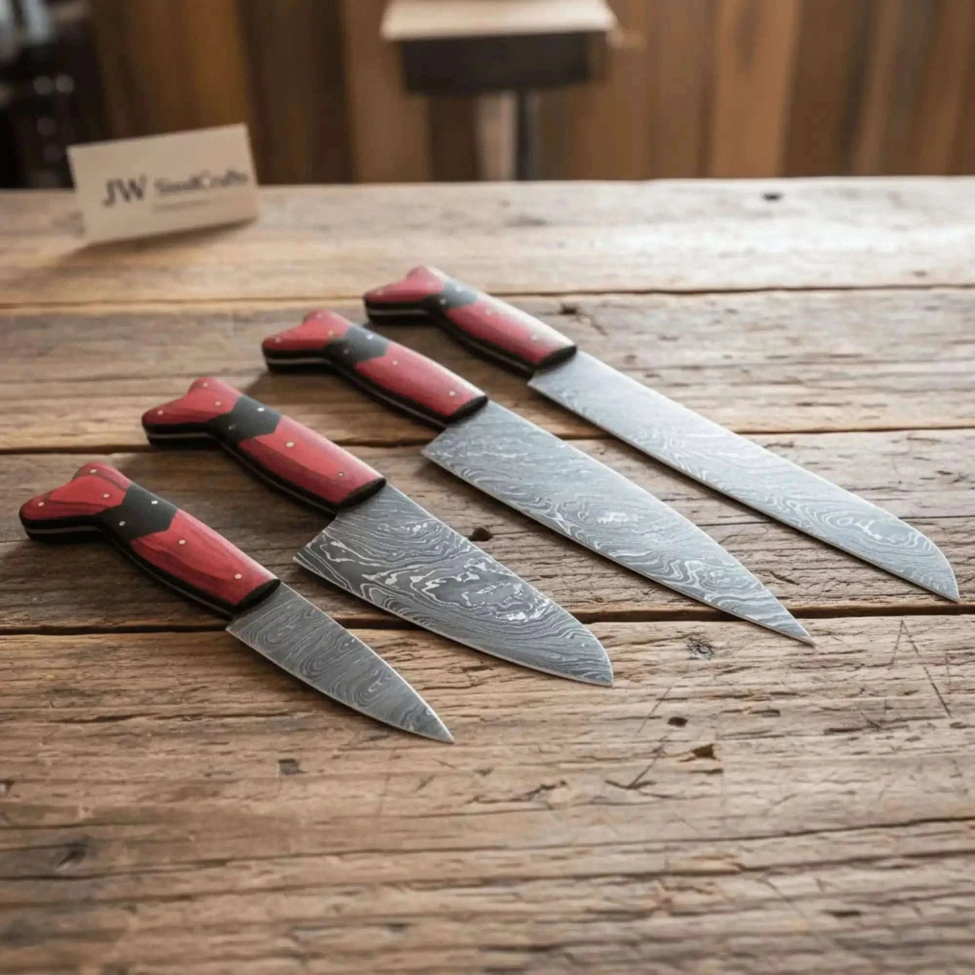 Palmarius Outdoors 5-Piece Damascus Carving Knife Set Red Pakka Black Resin with Wood Grain Damascus Blades Handmade Chef Knife Sets