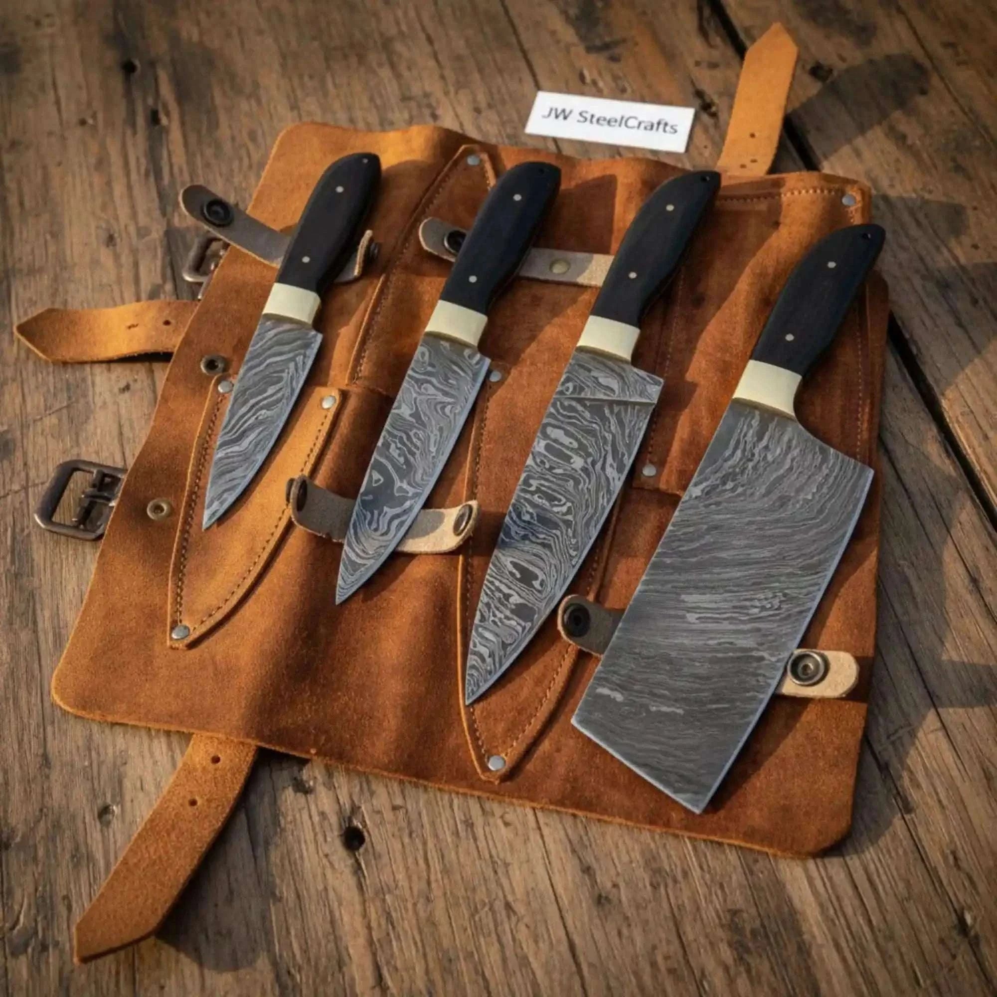 Palmarius Outdoors 4-Piece Damascus Fire Pattern Chef Knife Set with Black Resin Handles Handmade Chef Knife Sets