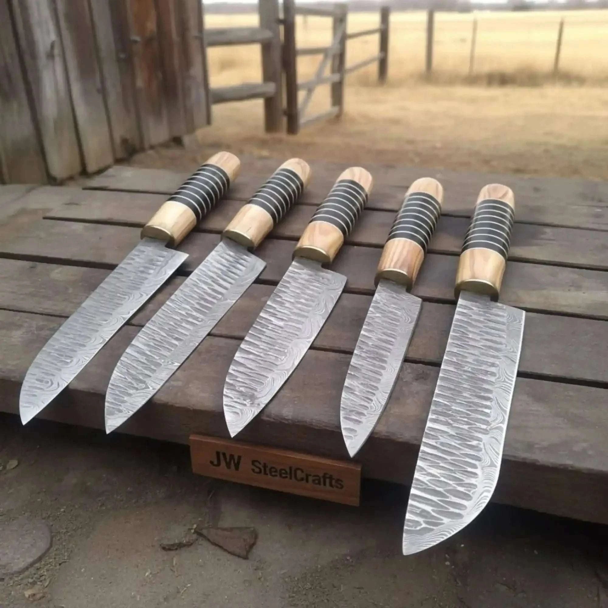 Palmarius Outdoors Hand Forged 5-Piece Damascus Chef Knife Set — Olive Wood & Black Resin Handles Handmade Chef Knife Sets