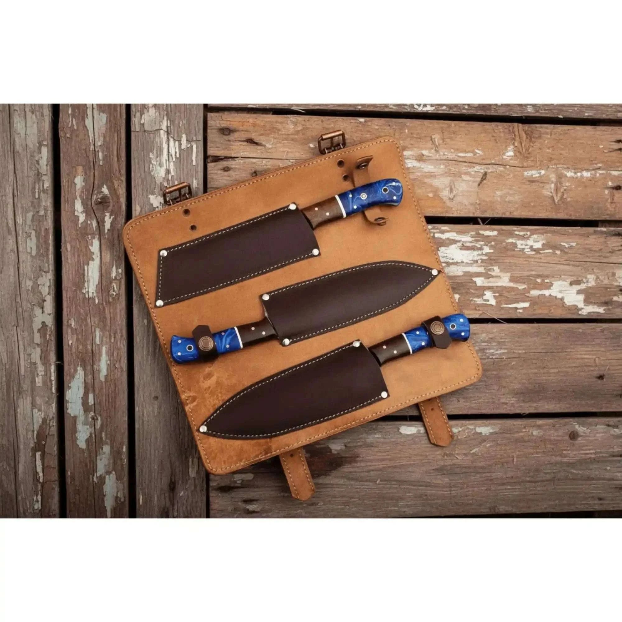 Palmarius Outdoors 3-Piece Damascus Chef Knife Set Resin Wood Handle with Blue Resin and Rosewood Handles Handmade Chef Knife Sets