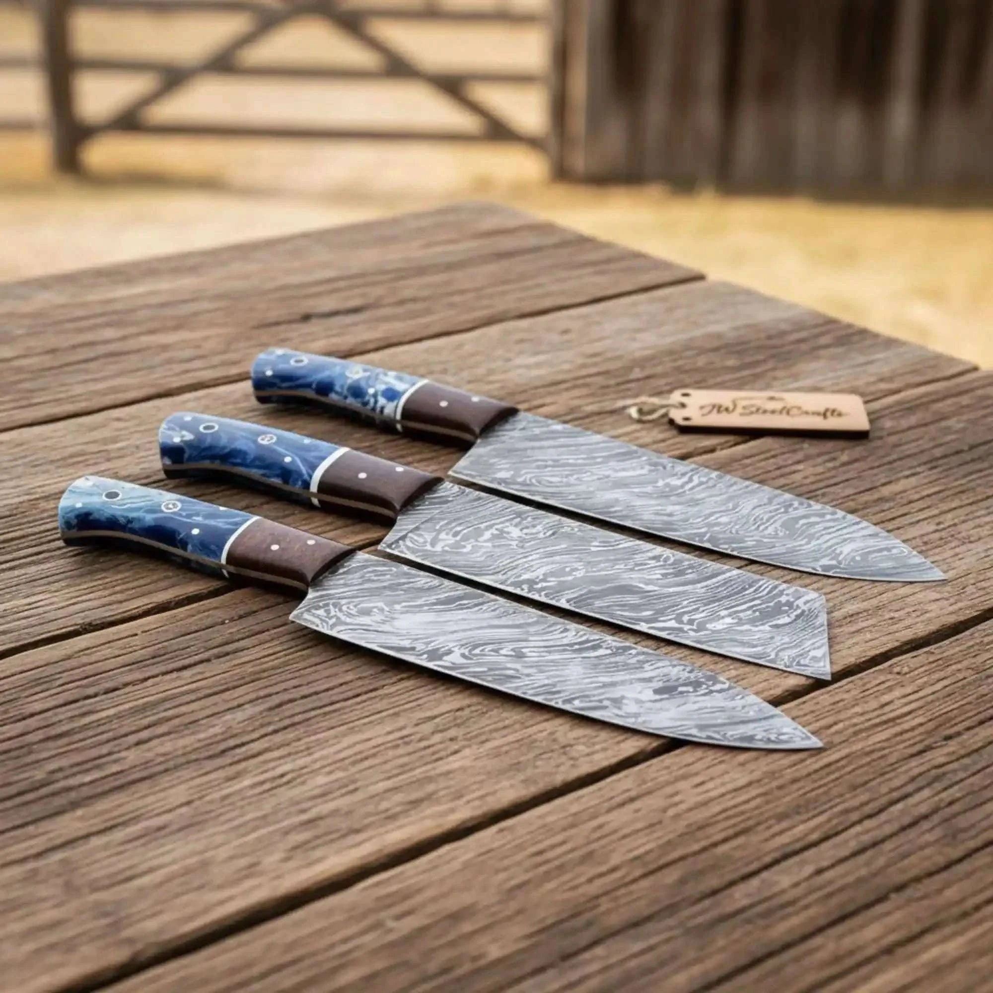 Palmarius Outdoors 3-Piece Damascus Chef Knife Set Resin Wood Handle with Blue Resin and Rosewood Handles Handmade Chef Knife Sets
