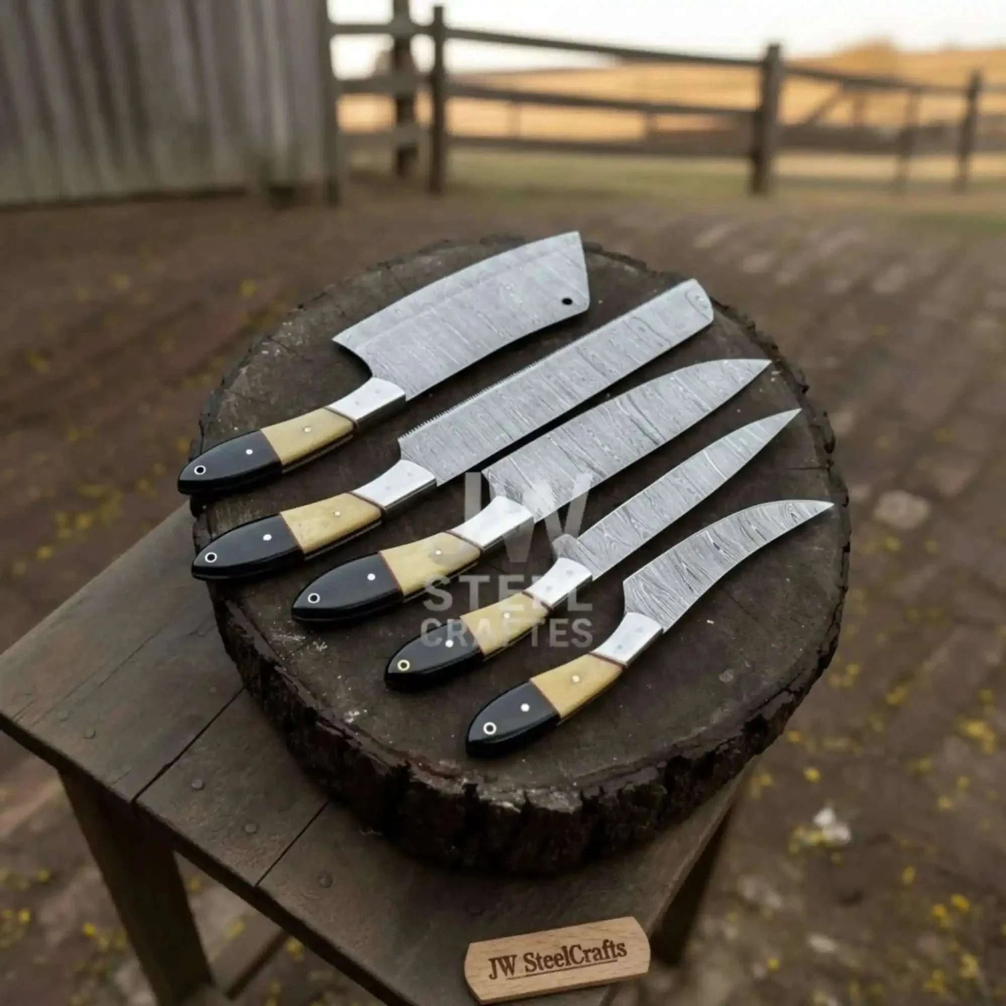 Palmarius Outdoors 5-Piece Damascus Chef Knife Set – Camel Bone and Black Micarta Handles Handmade Chef Knife Sets