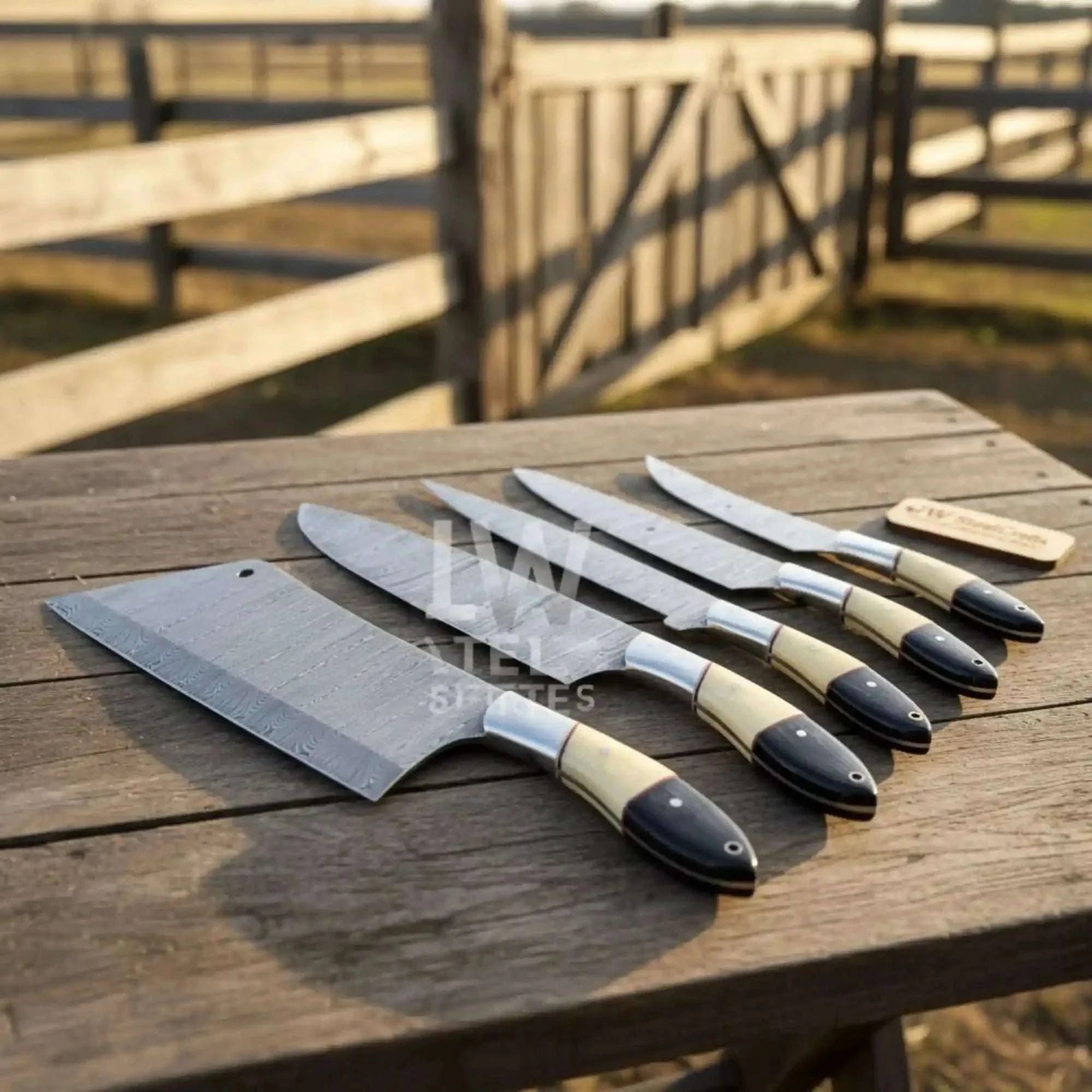 Palmarius Outdoors 5-Piece Handmade Damascus Chef Knife Set with Wood and Resin Handles Handmade Chef Knife Sets