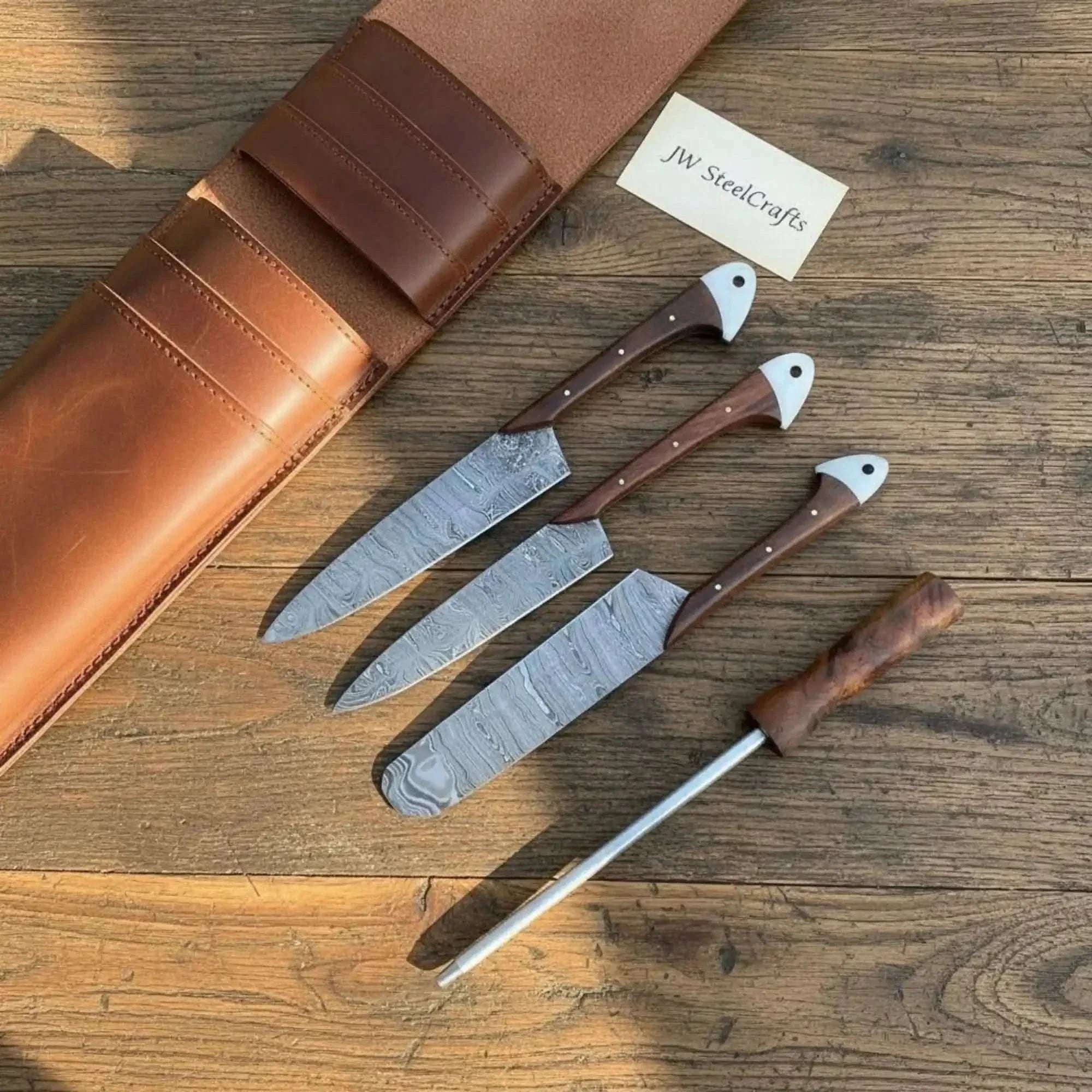 Palmarius Outdoors 4-Piece Damascus Cutlery Knife Set - Wood Grain Damascus Blades Handmade Chef Knife Sets