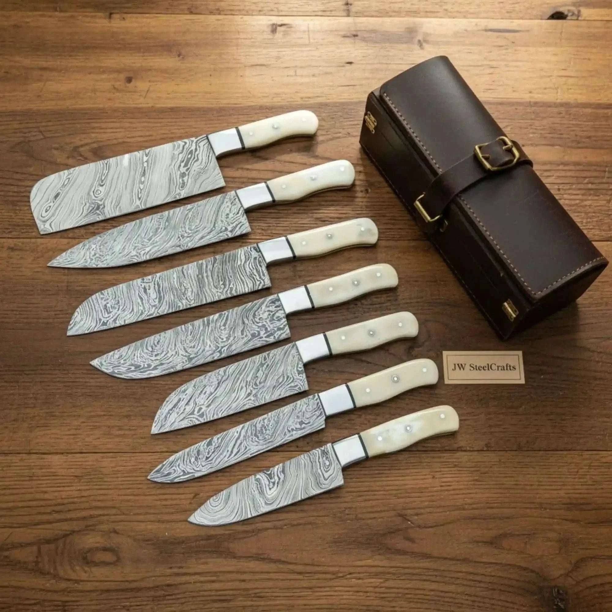 Palmarius Outdoors 7-Piece Damascus Fire Pattern Japanese Knife Set with Wood Grain Damascus Blades Handmade Chef Knife Sets