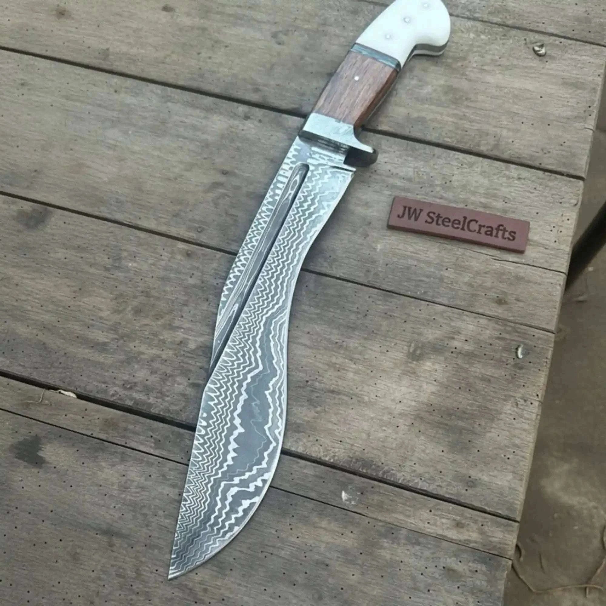 Palmarius Outdoors Damascus Gurkha Kukri Knife Handmade 10-Inch Curved Blade with Resin & Wood Handle
