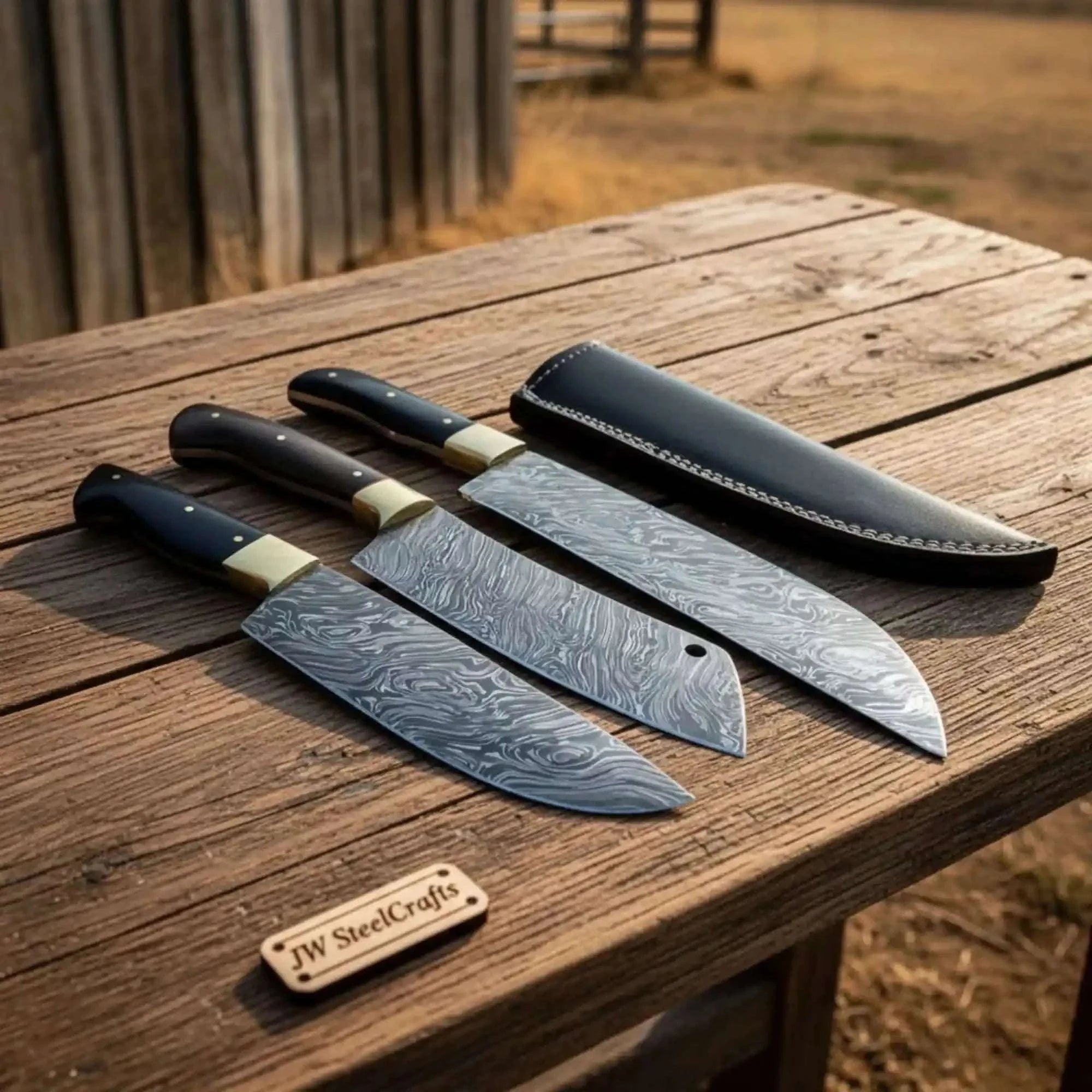 Palmarius Outdoors 3 Piece Damascus Gyuto Santoku Utility Knife Set with Black Handles Handmade Chef Knife Sets