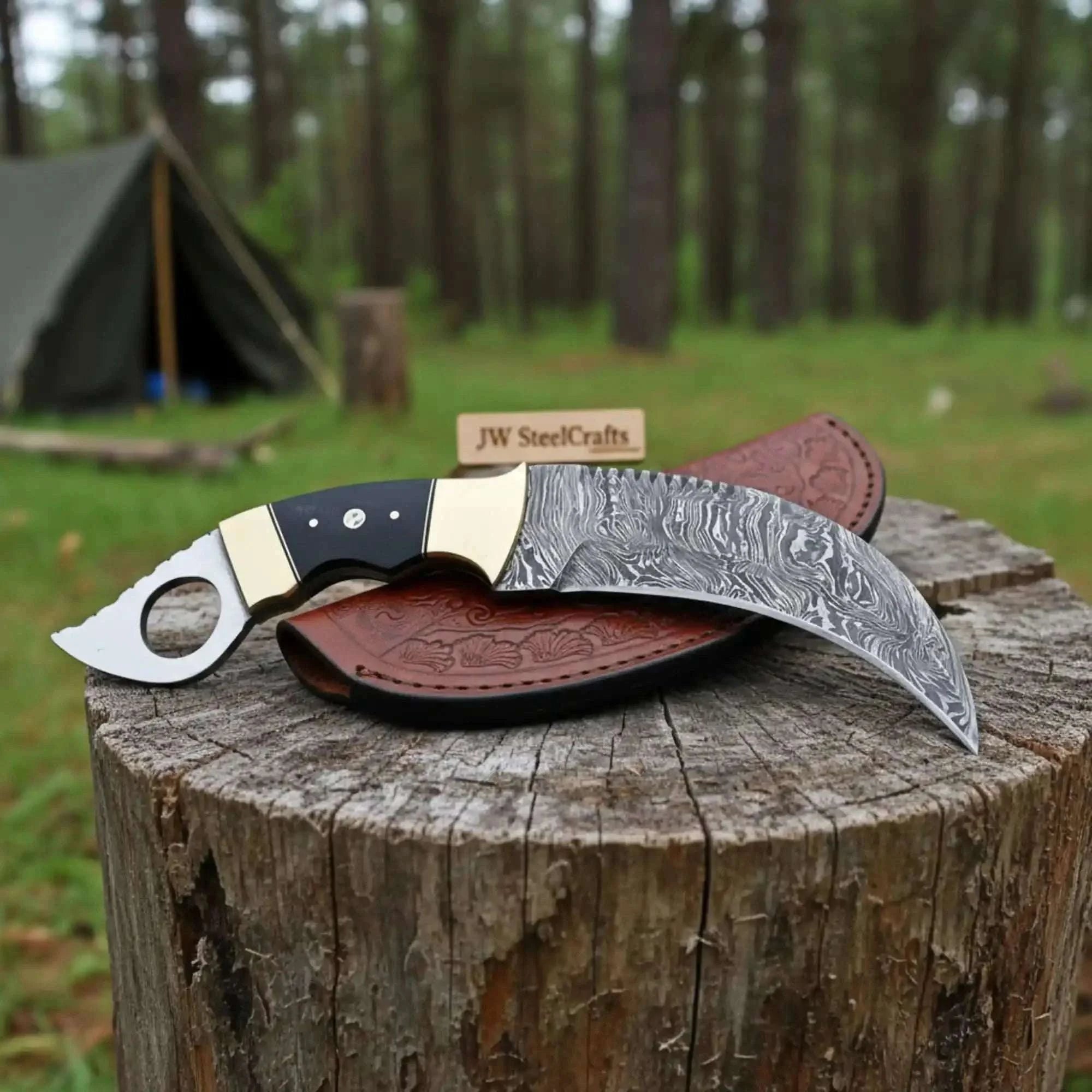Palmarius Outdoors Damascus Steel Karambit 5 Inch Curved Blade Durable Full Tang Design Karambit Knife