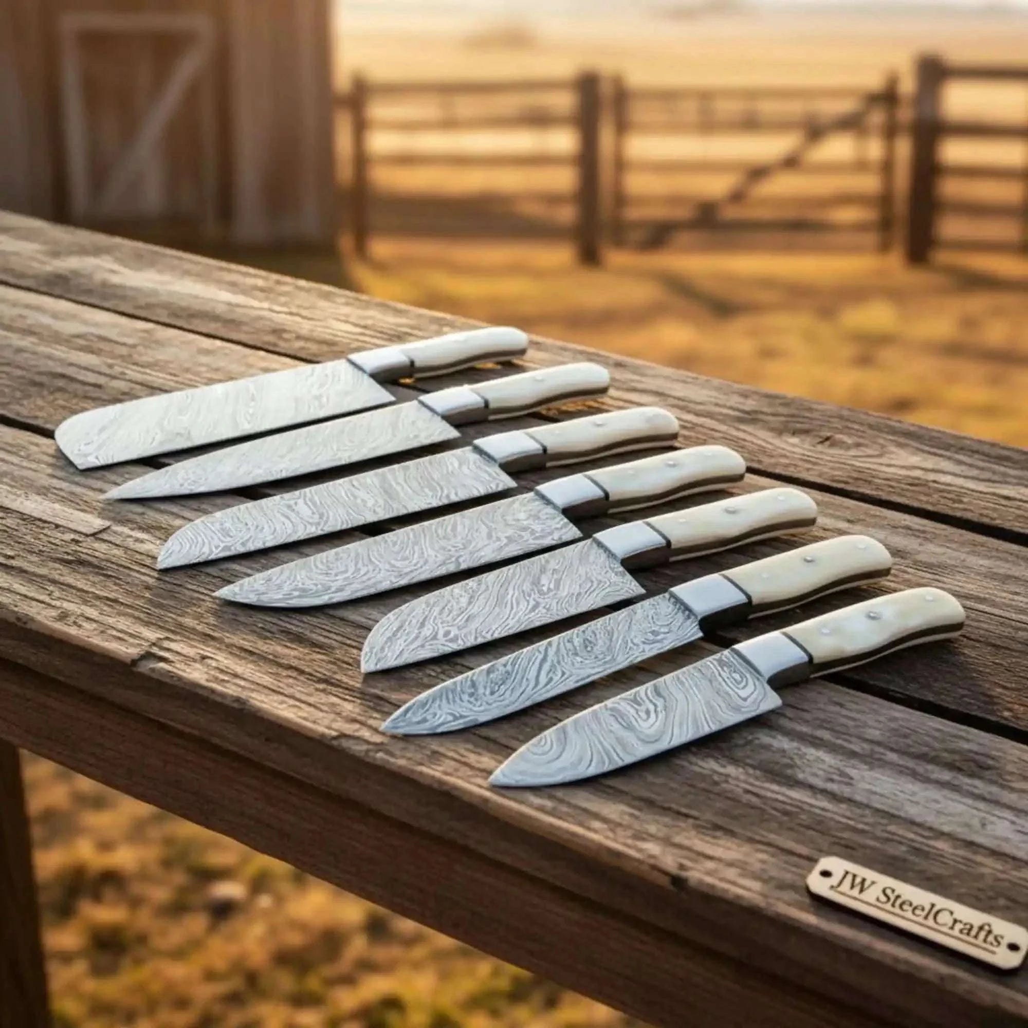 Palmarius Outdoors 7-Piece Handmade Damascus Kitchen Knife Set with Camel Bone Handle Handmade Chef Knife Sets