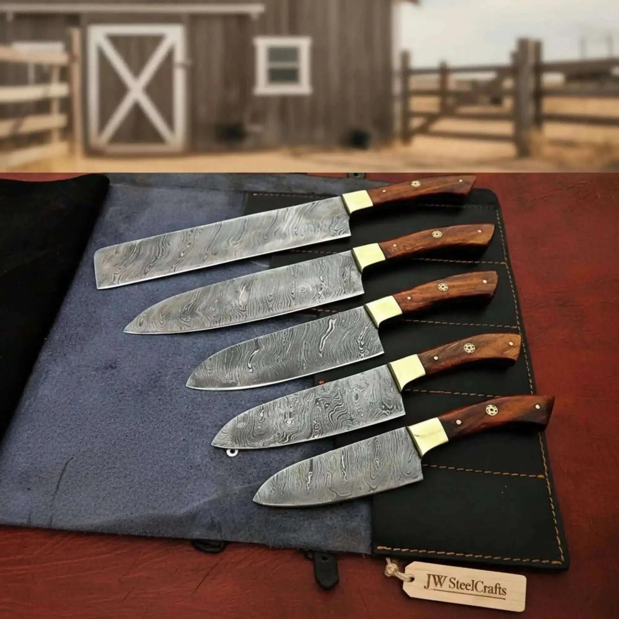 Palmarius Outdoors 5-Piece Damascus Kitchen Knife Set Pakka Wood Leather Roll with Wood Grain Blades Handmade Chef Knife Sets