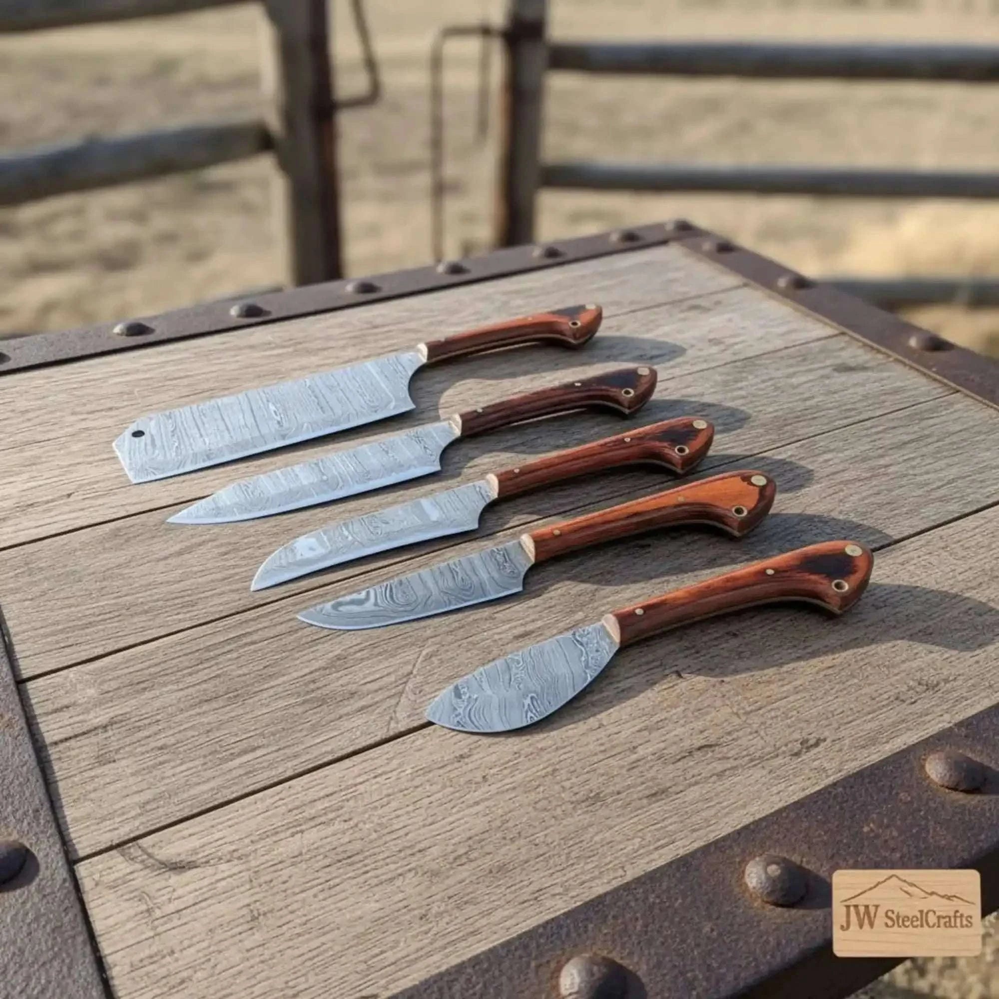 Palmarius Outdoors JW SteelCrafts 5 Piece Damascus Kitchen Knife Set Chef Santoku Cleaver Utility and Paring Knives Pakka Wood Handle Professional Cooking Knife Collection Handmade Chef Knife Sets