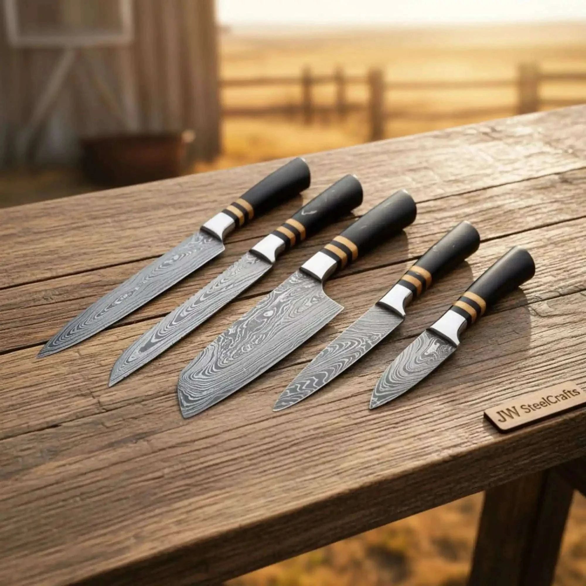 Palmarius Outdoors 5-Piece Damascus Knife Set Black Resin Rosewood Handle — Wood Grain Damascus Blades Handmade Chef Knife Sets