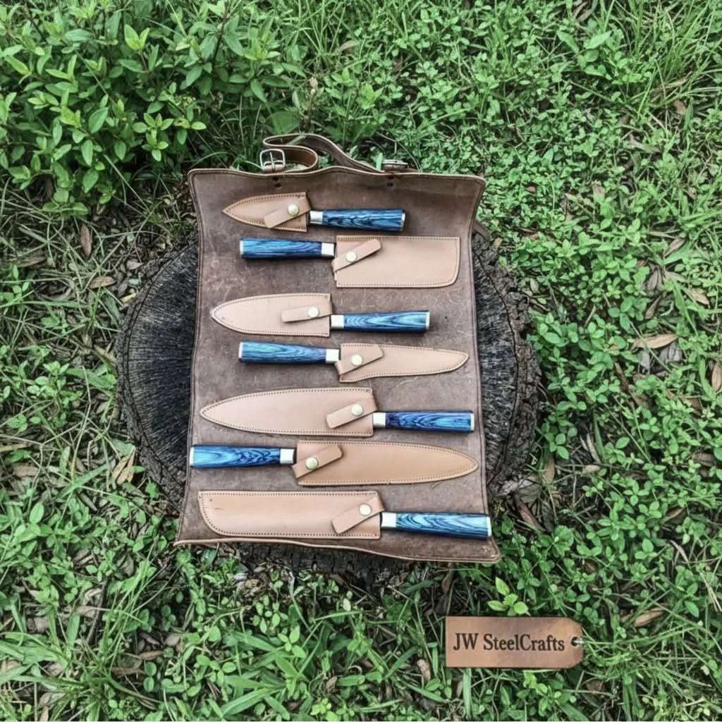 Palmarius Outdoors 7-Piece Damascus Knife Set Blue Stabilized Wood with Wood Grain Blades Handmade Chef Knife Sets