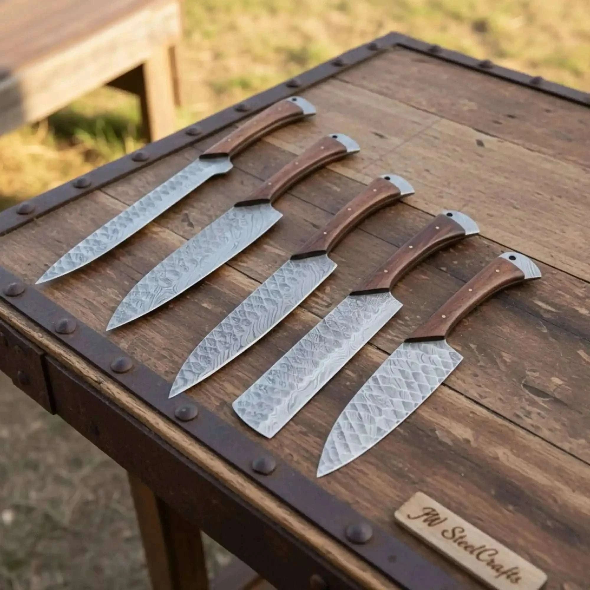 Palmarius Outdoors Hand Forged Damascus Chef Knife Set, Natural Wood Handle, Full Tang Kitchen Knife Collection Handmade Chef Knife Sets