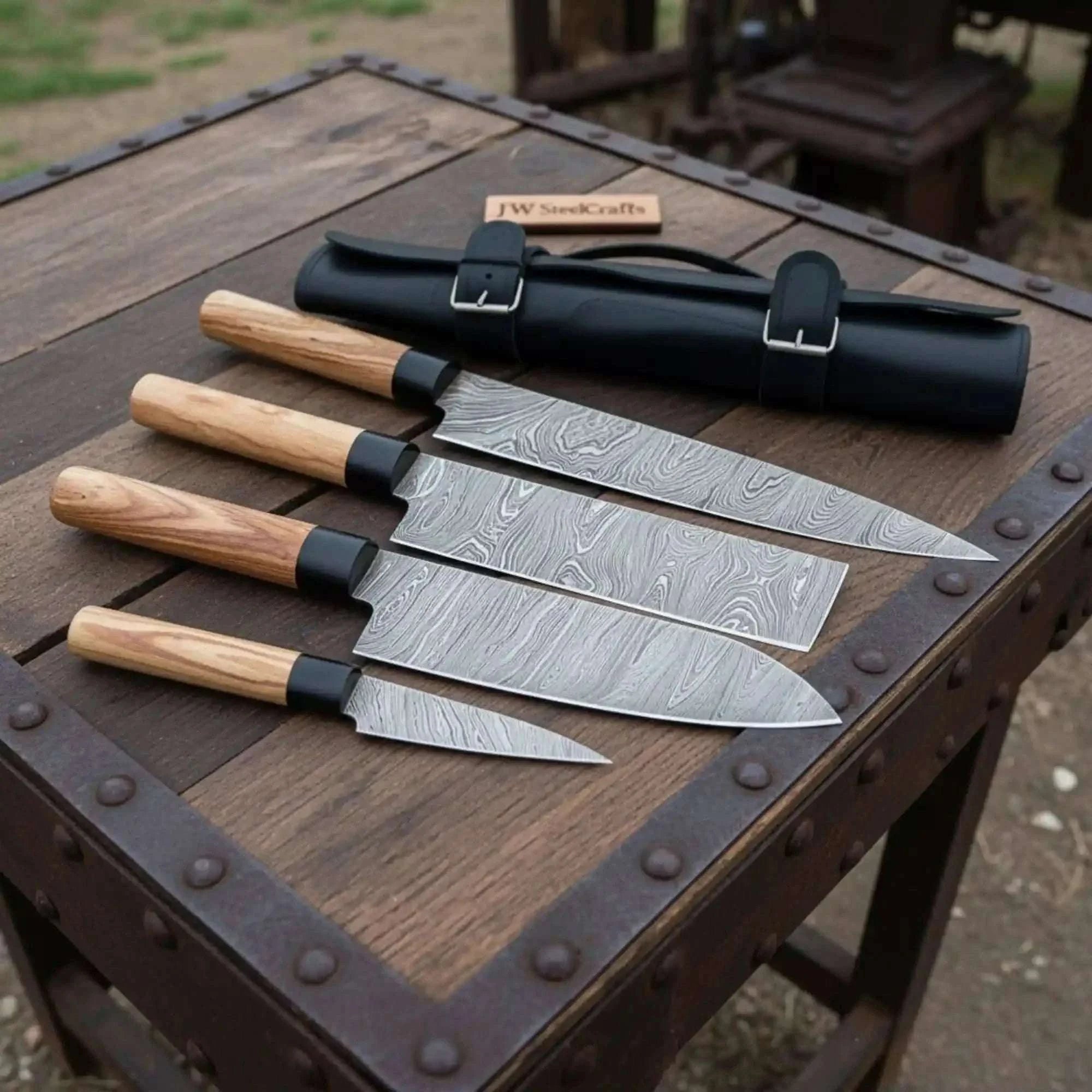 Palmarius Outdoors 4-Piece Damascus Knife Set Olive Wood Wa Handle & Black Leather Roll Handmade Chef Knife Sets