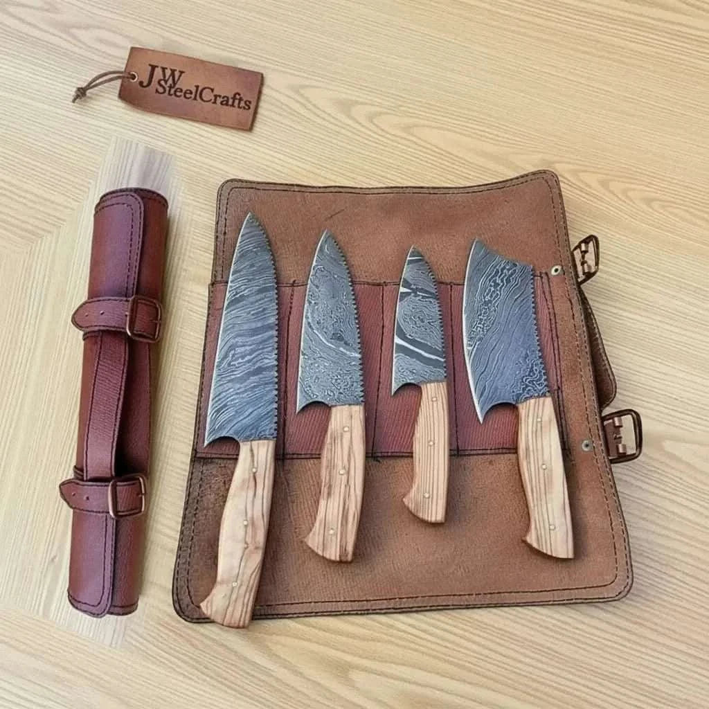Palmarius Outdoors 4 Piece Damascus Knife Set Olive Wood with Cleaver Handmade Chef Knife Sets