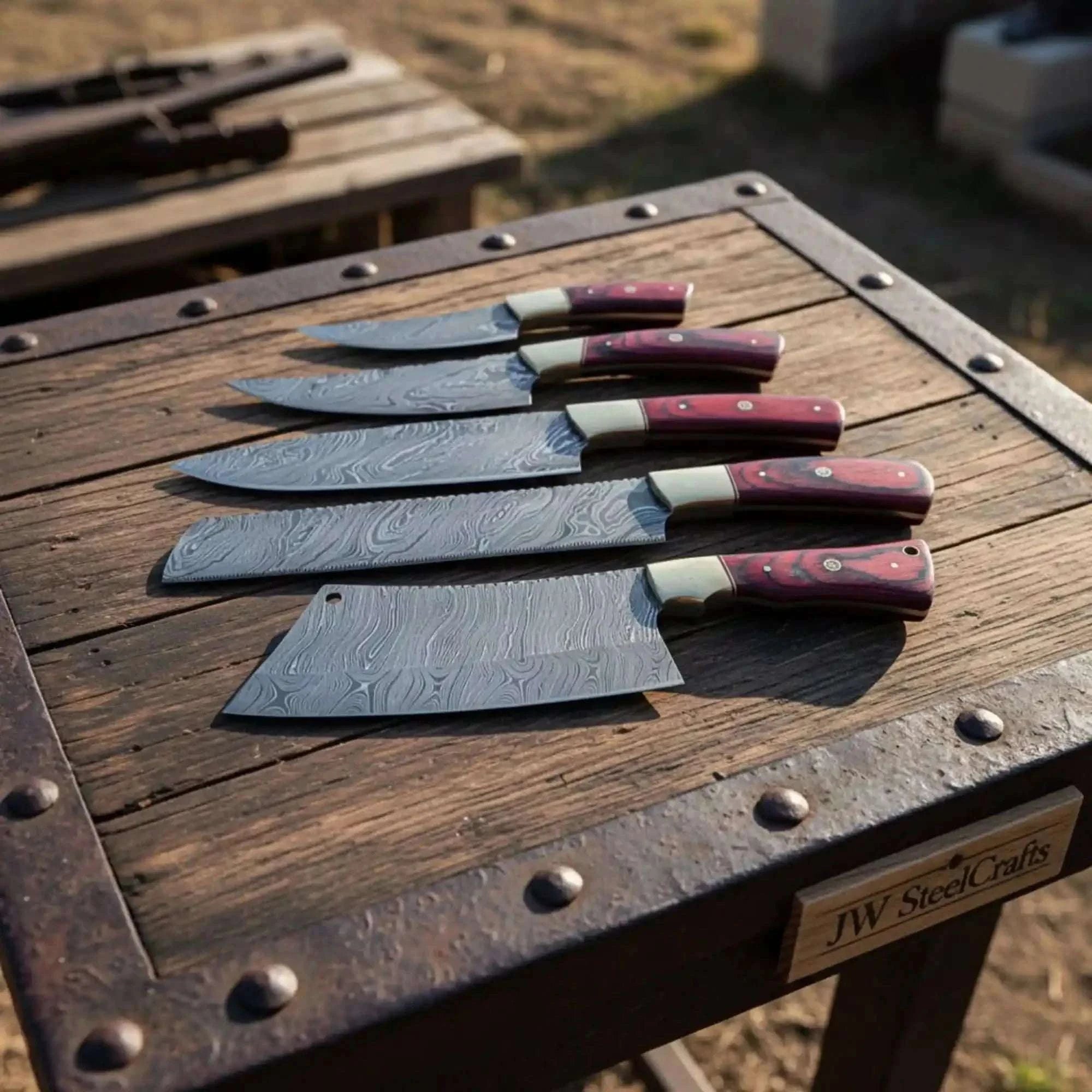 Palmarius Outdoors 5-Piece Damascus Knife Set with Red Pakkawood, Brass Bolster, Cleaver and Bread Knife Handmade Chef Knife Sets