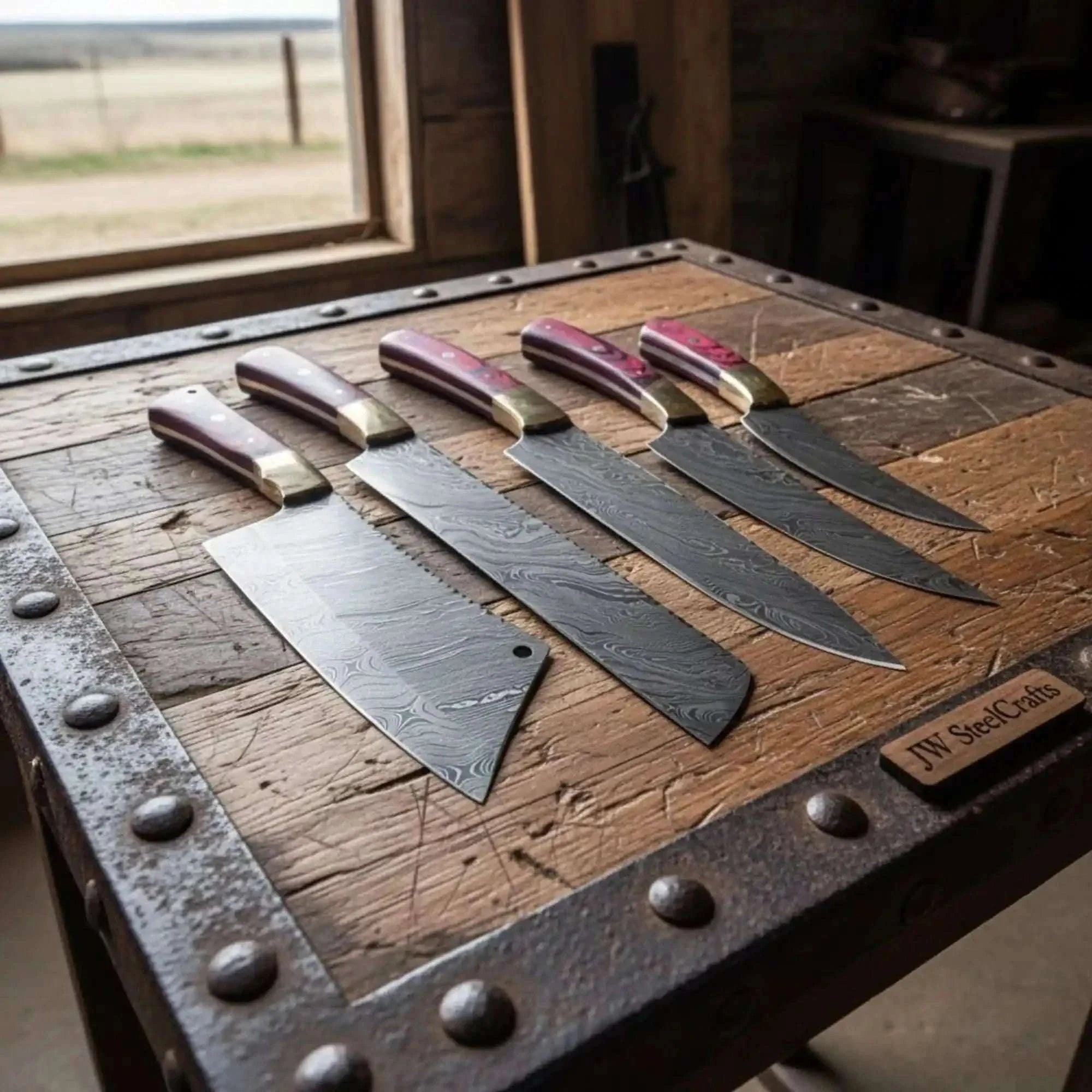 Palmarius Outdoors 5-Piece Damascus Knife Set with Red Pakkawood, Brass Bolster, Cleaver and Bread Knife Handmade Chef Knife Sets