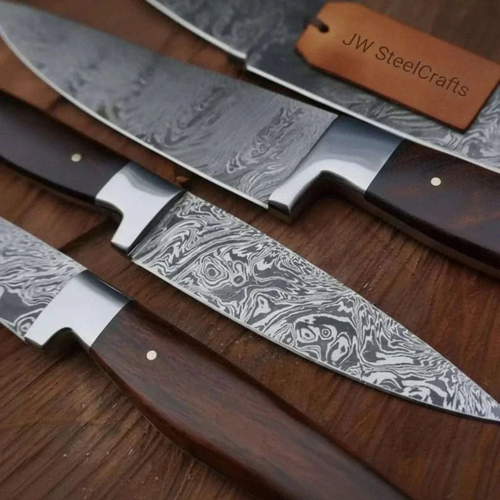 Palmarius Outdoors 4-Piece Damascus Knife Set Walnut Handle with Floral Pattern Blades Handmade Chef Knife Sets