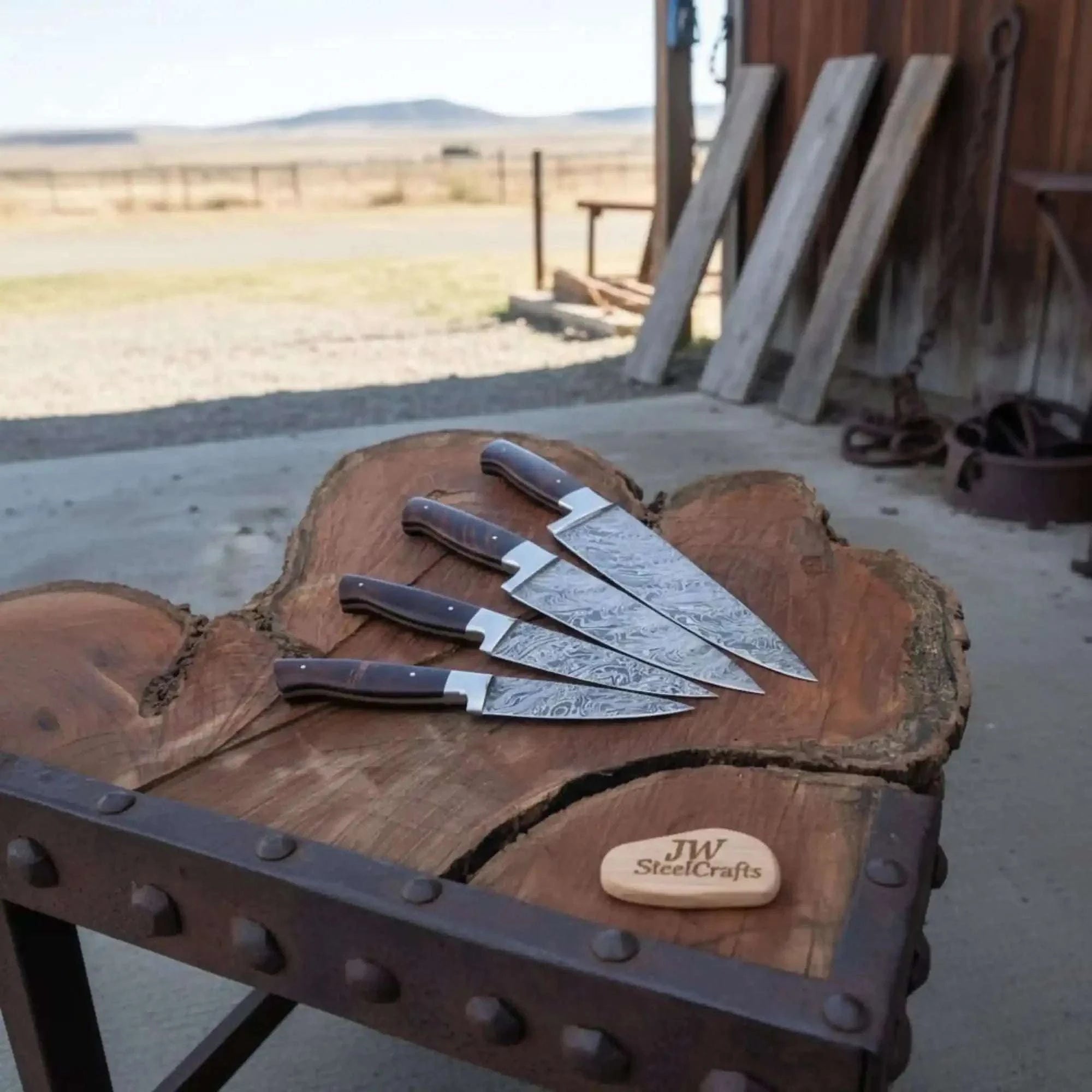 Palmarius Outdoors 4-Piece Damascus Knife Set Walnut Handle with Floral Pattern Blades Handmade Chef Knife Sets