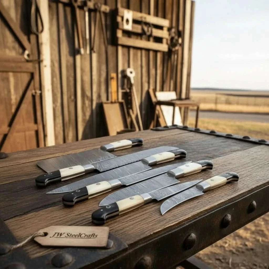 Palmarius Outdoors 7-Piece Damascus Knife Set with White Bone and Black Resin Handles Handmade Chef Knife Sets