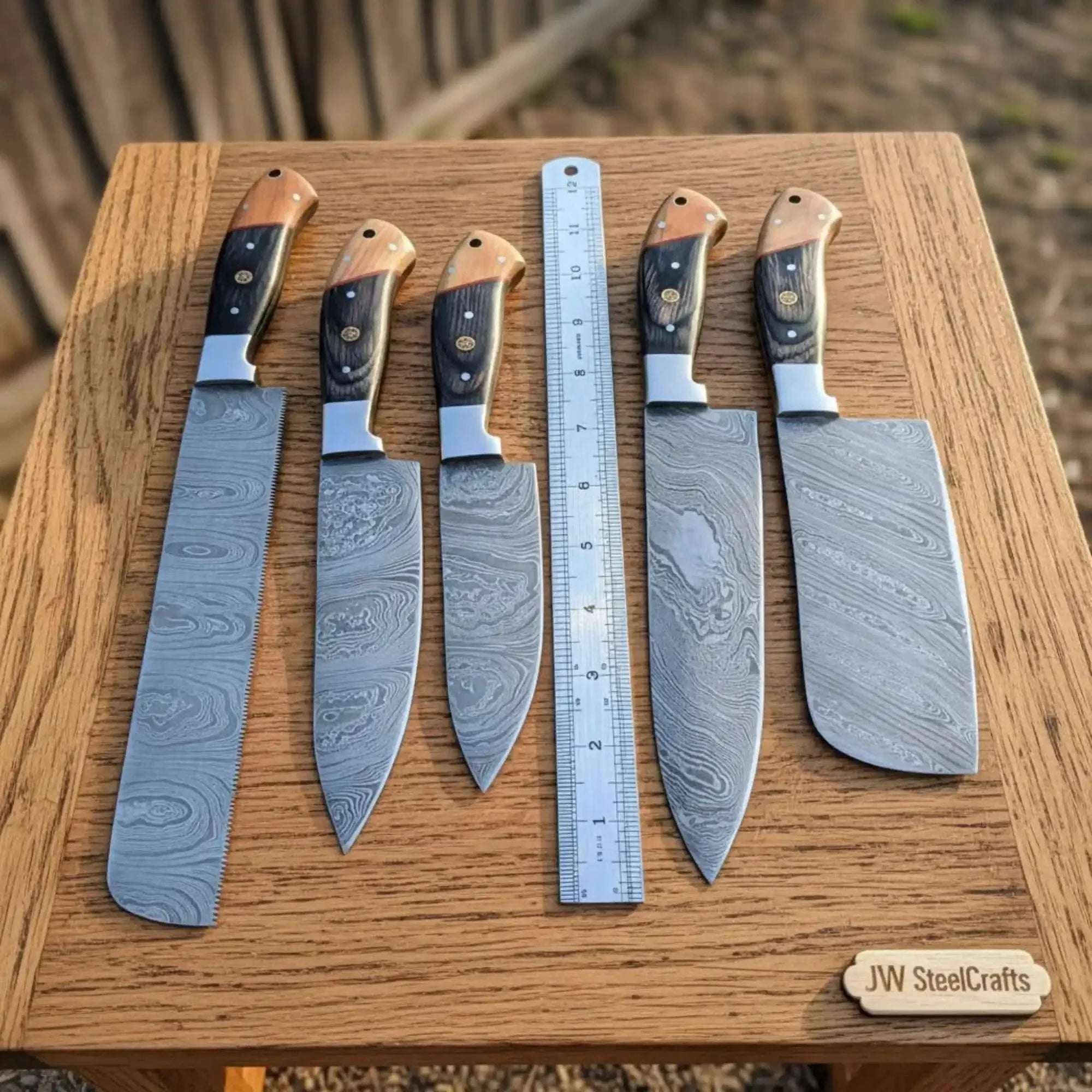 Palmarius Outdoors Damascus Multi-Blade Chef Knife Set with Olive and Pakka Wood Handles and 5-Piece Layered Damascus Blades Handmade Chef Knife Sets