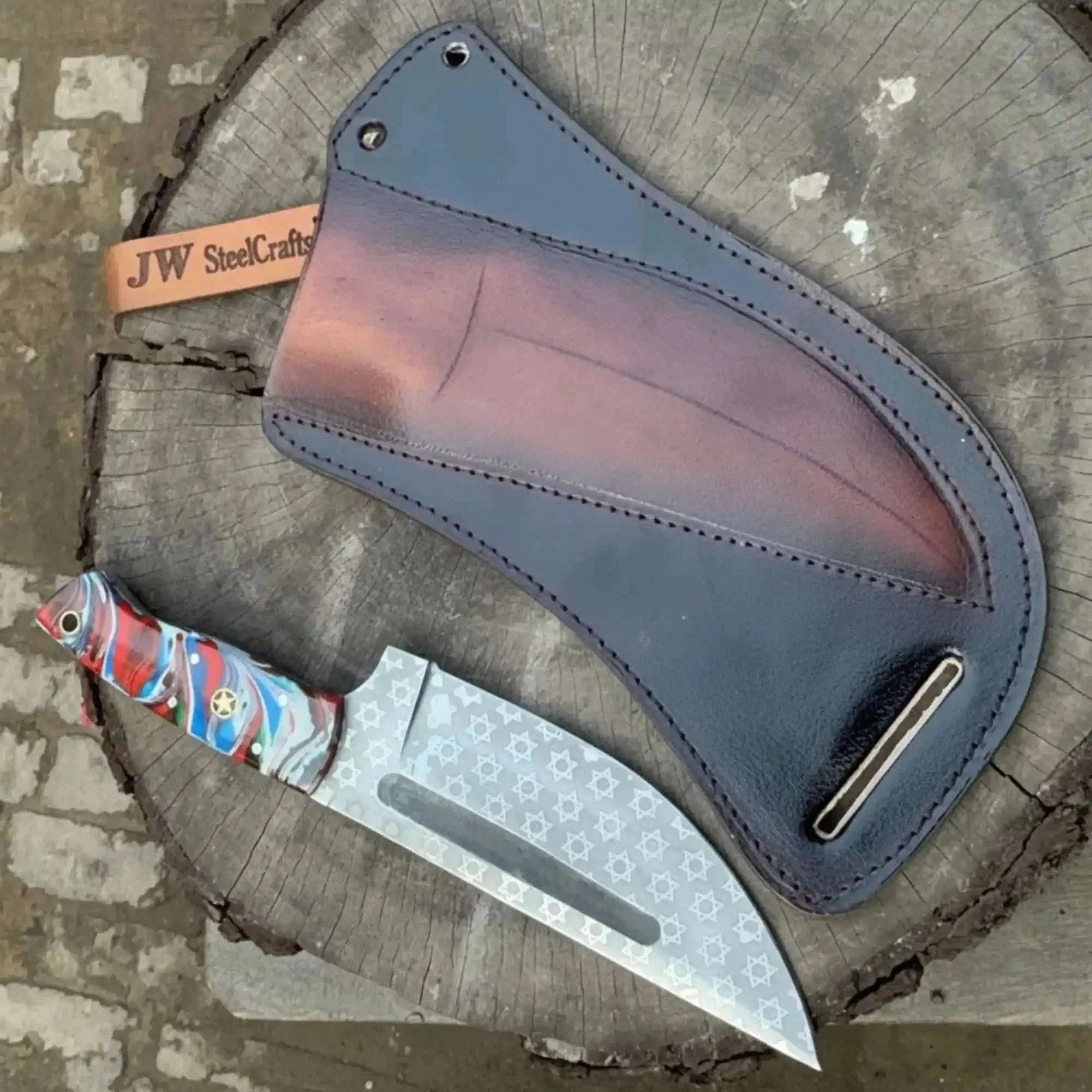 Palmarius Outdoors Serbian Utility Knife 9” – Etched Blade with Resin Handle & Pancake Leather Sheath