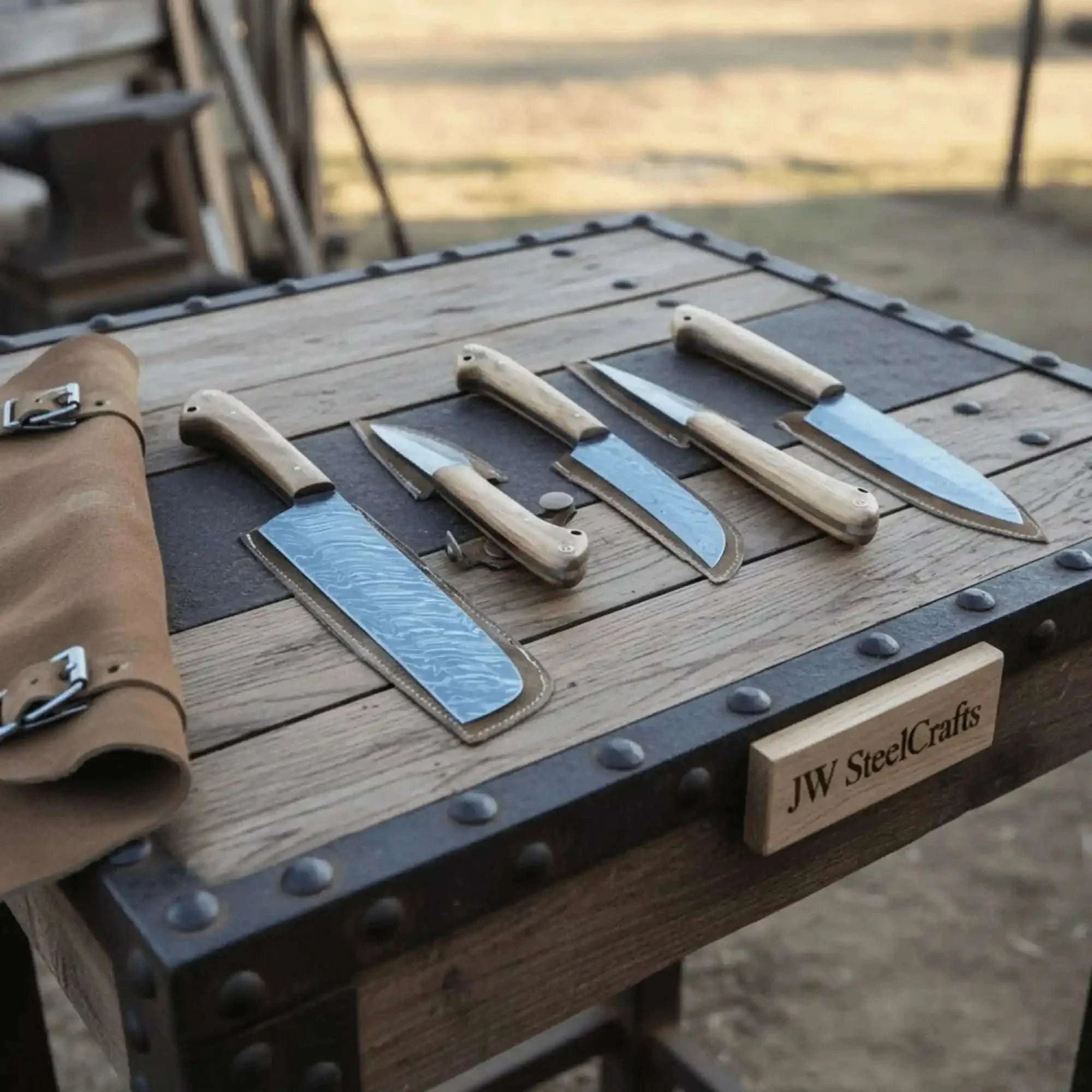 Palmarius Outdoors 5-Piece Damascus Skinner Chef Knife Set with Olive Wood Handles Handmade Chef Knife Sets
