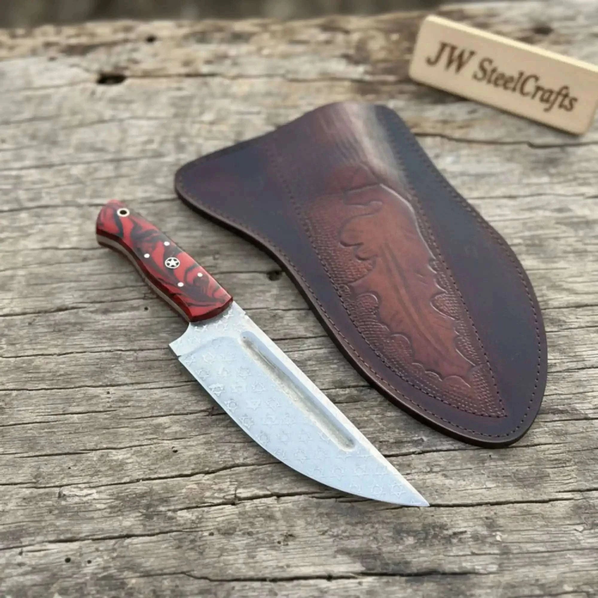 Palmarius Outdoors Handmade Damascus Skinner Knife 9-Inch Gut Hook Blade with Leather Sheath Skinner Knife
