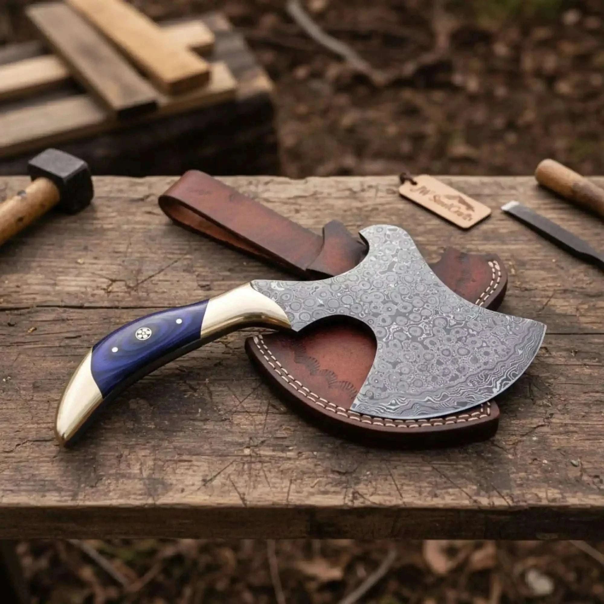 Palmarius Outdoors Hand Forged Damascus Pizza Slicer Axe with Raindrop Forged Blade Handmade Axe