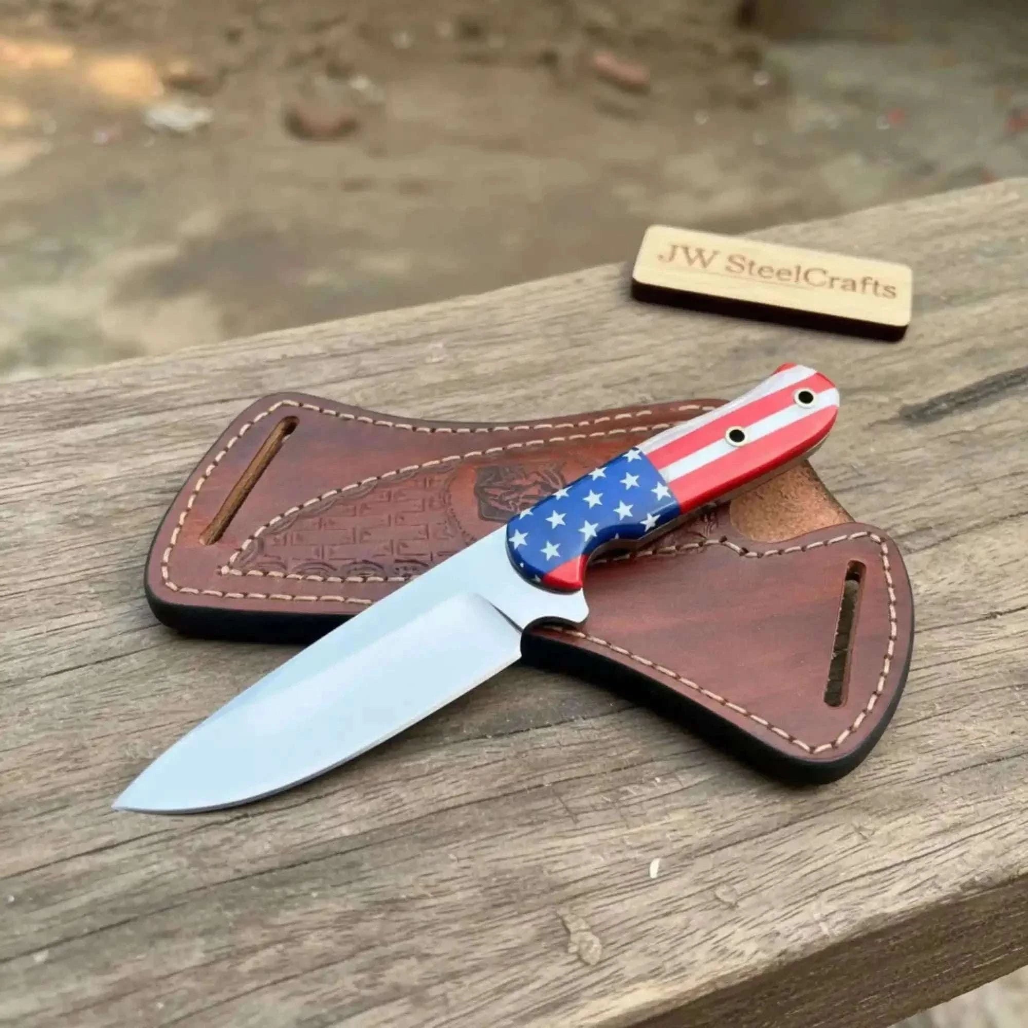 Palmarius Outdoors American Flag Themed Custom Blade with Leather Sheath Hunting Knife