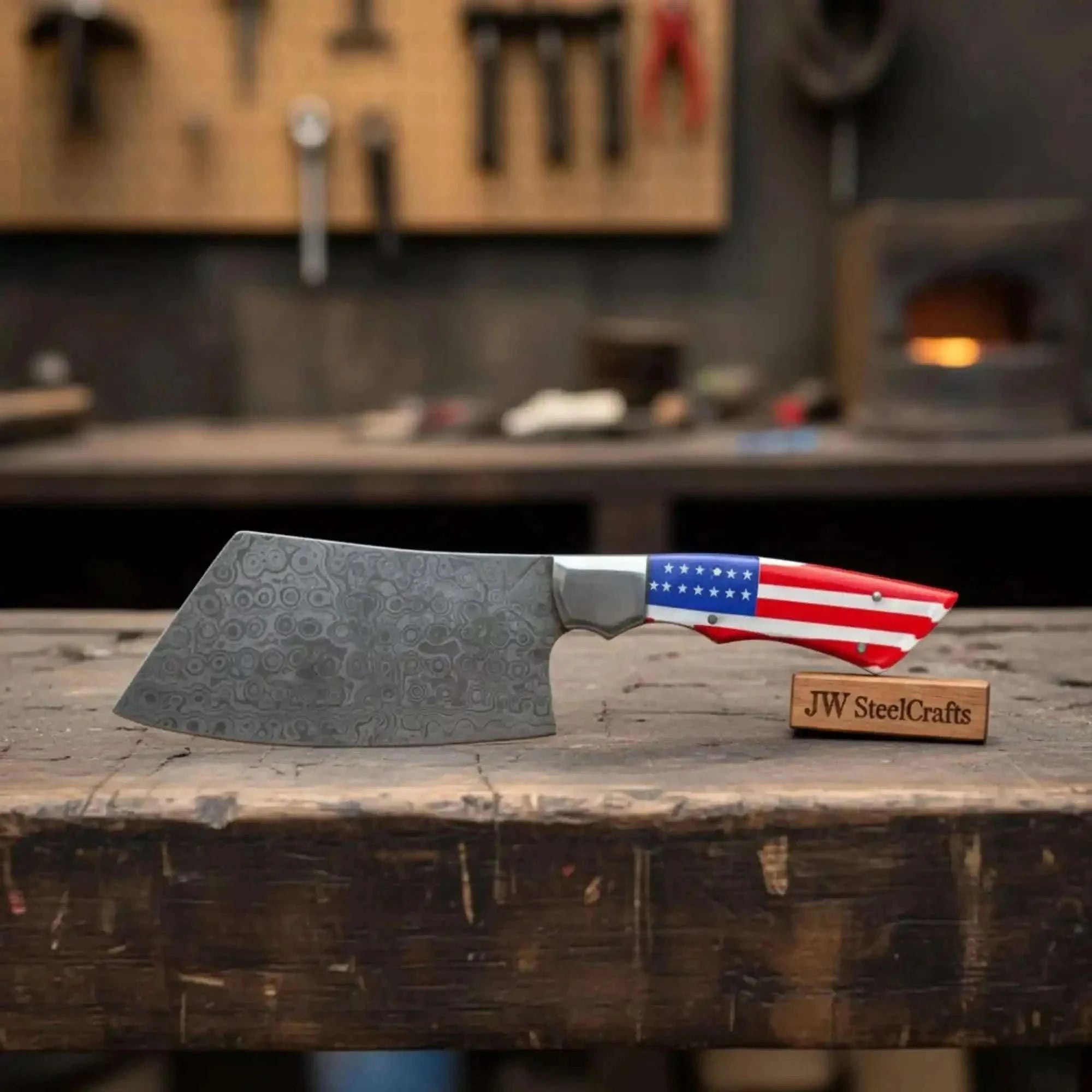 Palmarius Outdoors Damascus Steel Cleaver Knife with American Flag Resin Handle Cleaver Knives