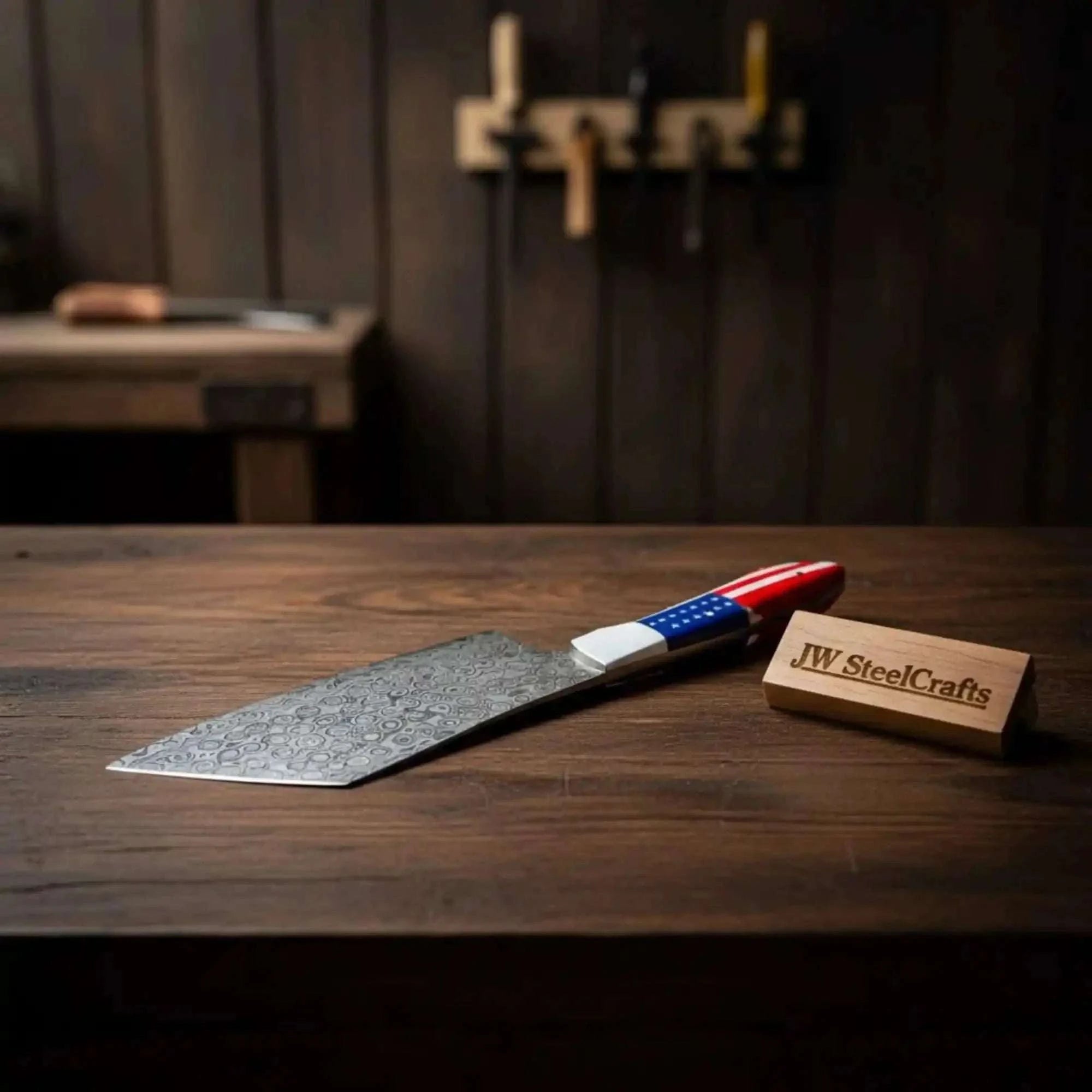Palmarius Outdoors Damascus Steel Cleaver Knife with American Flag Resin Handle Cleaver Knives