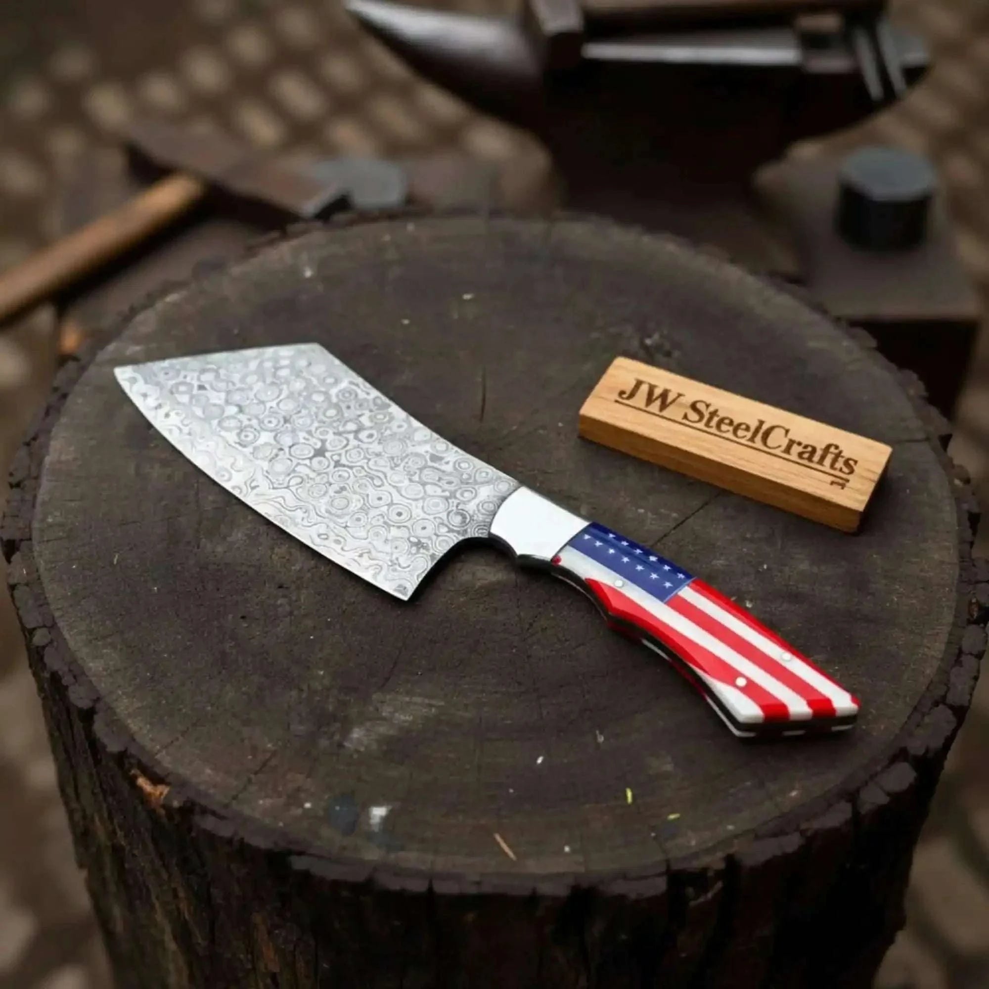 Palmarius Outdoors Damascus Steel Cleaver Knife with American Flag Resin Handle Cleaver Knives