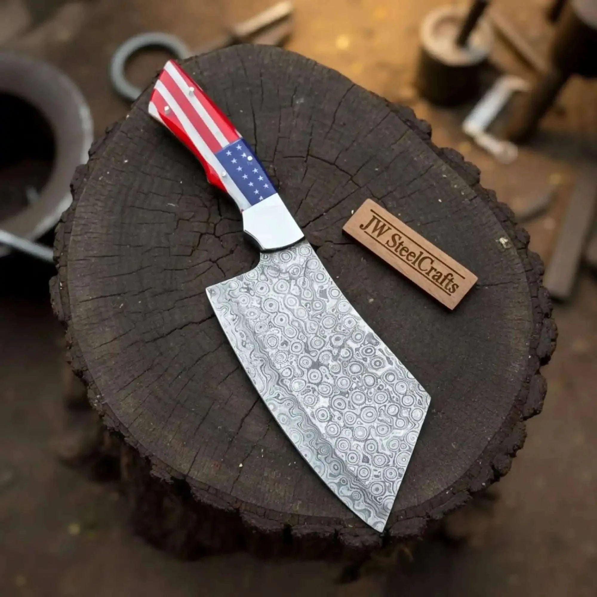 Palmarius Outdoors Damascus Steel Cleaver Knife with American Flag Resin Handle Cleaver Knives