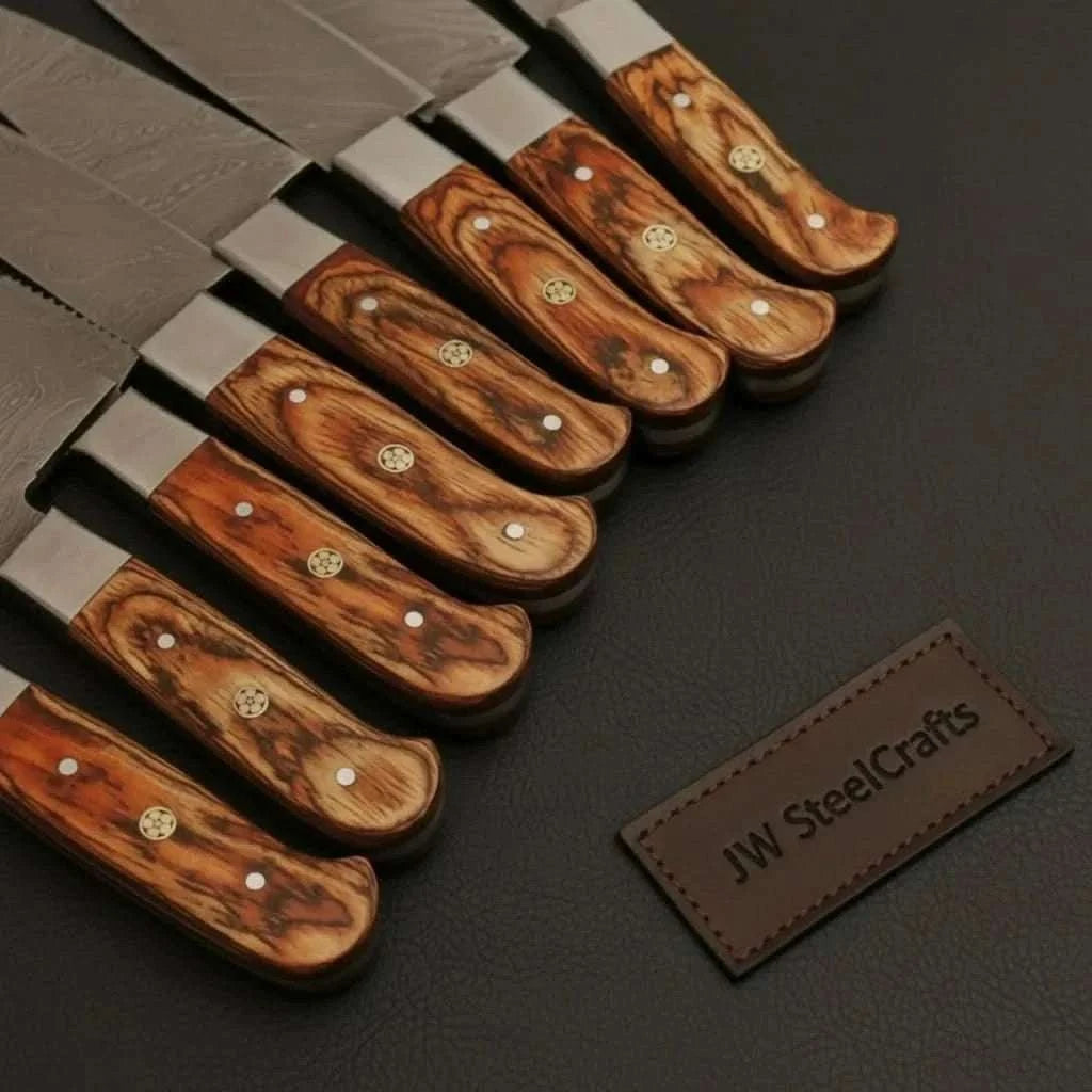 Palmarius Outdoors 7-Piece Damascus Steel Kitchen Knife Collection with Flowing Water Pattern Blades. Handmade Chef Knife Sets