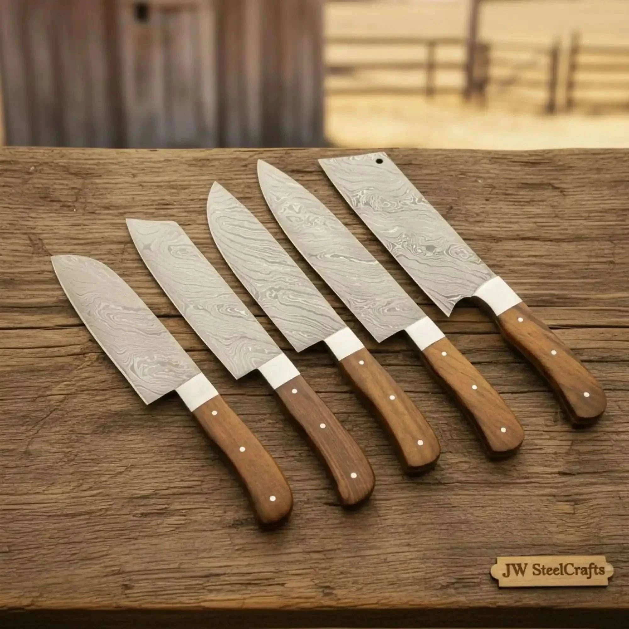 Palmarius Outdoors 5-Piece Damascus Steel Knife Set with Rosewood Handles Wood Grain Damascus Blades Handmade Chef Knife Sets