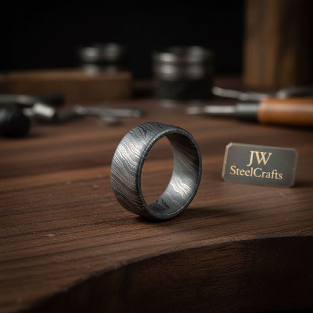 Palmarius Outdoors Flat Twist Damascus Wedding Band with Bold Wavy Pattern Ring